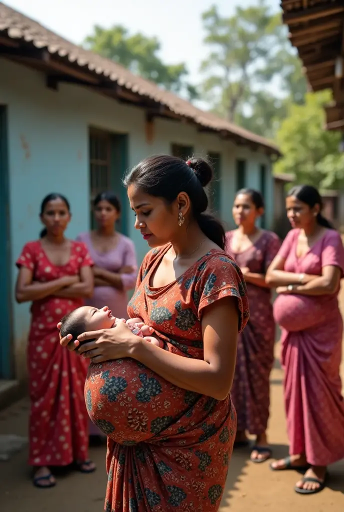 A pregnent Indian woman running rain with tow