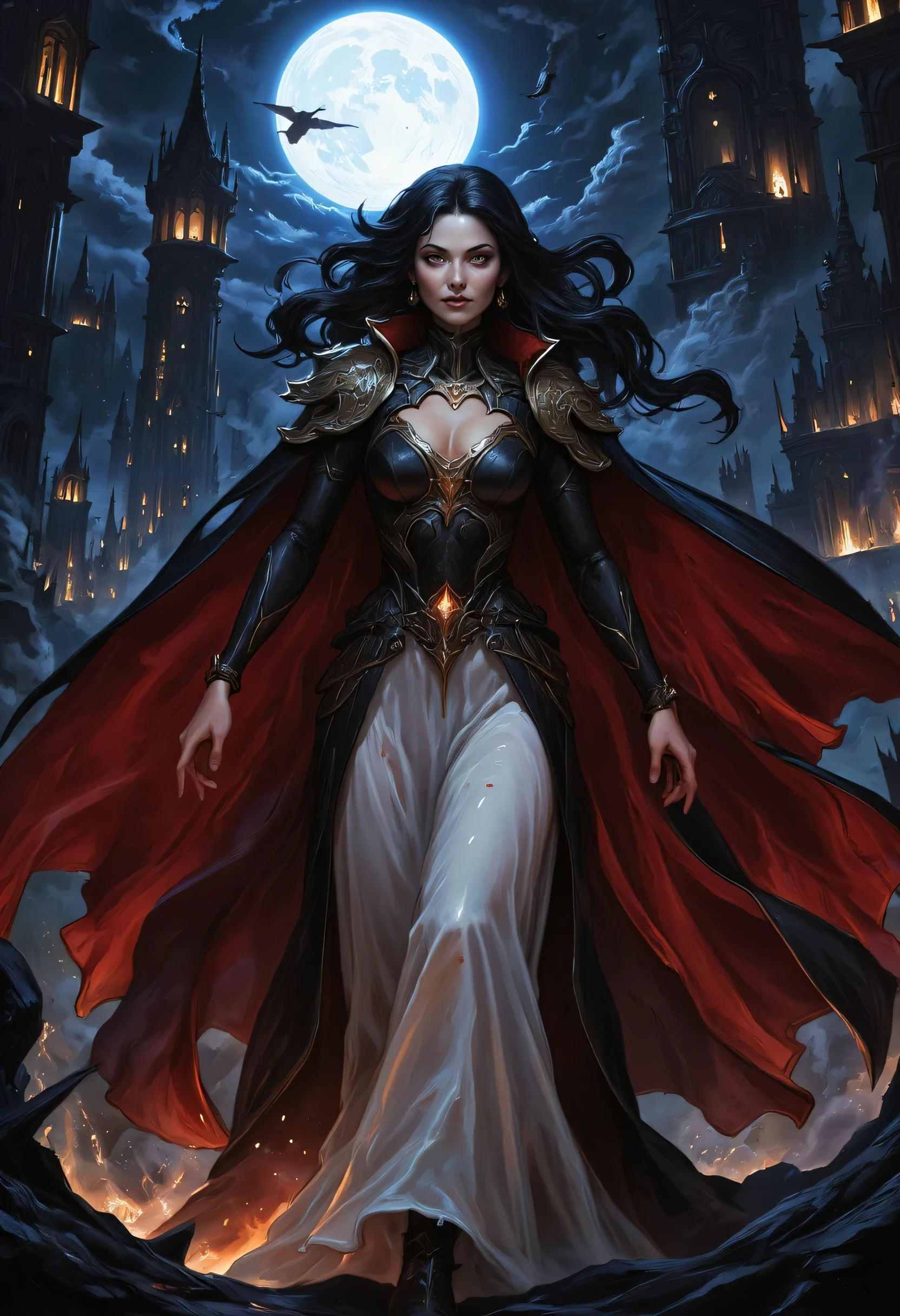 comic art, fantasy art, RPG art, ultra wide shot, a picture of a vampire queen walking in a windy day, in the big city, a beautiful mature vampire queen, elegant vampire, dynamic hair color, dynamic hair style, glowing eyes, wearing intricate white silk dress,  billowing in the wind, flowing red cloak, high heels,  standing in goth city at night, windy night, goth buildings, lit by torches, moon in the sky, 16k, [ultra detailed], masterpiece, best quality, (ultra detailed), full body, ultra wide shot, zavy-ctcmcs, aidmaDarkfantasy