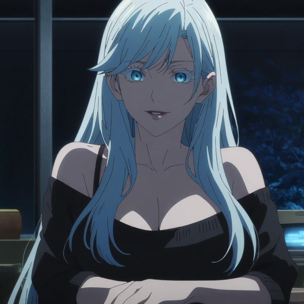 1girl, female gojo satoru, anime screencap from jujutsu kaisen, gojo satoru female version, solo, very long_hair, ((smooth texture hair)) blue eyes, ((white eyelashes)), ((very long white_hair)), night view, very large breasts, upper_body, smile, indoors, book, bangs, blue_eyes, lips, (wearing round sunglasses) (( ver y long hair, swept bangs)) wearing black color sweater off the shoulder, very big breasts, "very detailed and high resolution" (blue eyes) ((smooth texture hair)) ((solo)) ((high resolution)) ((upper body)) (Good quality)  cleavage, (sitting), looking at viewer,with a Phone and listing from other side