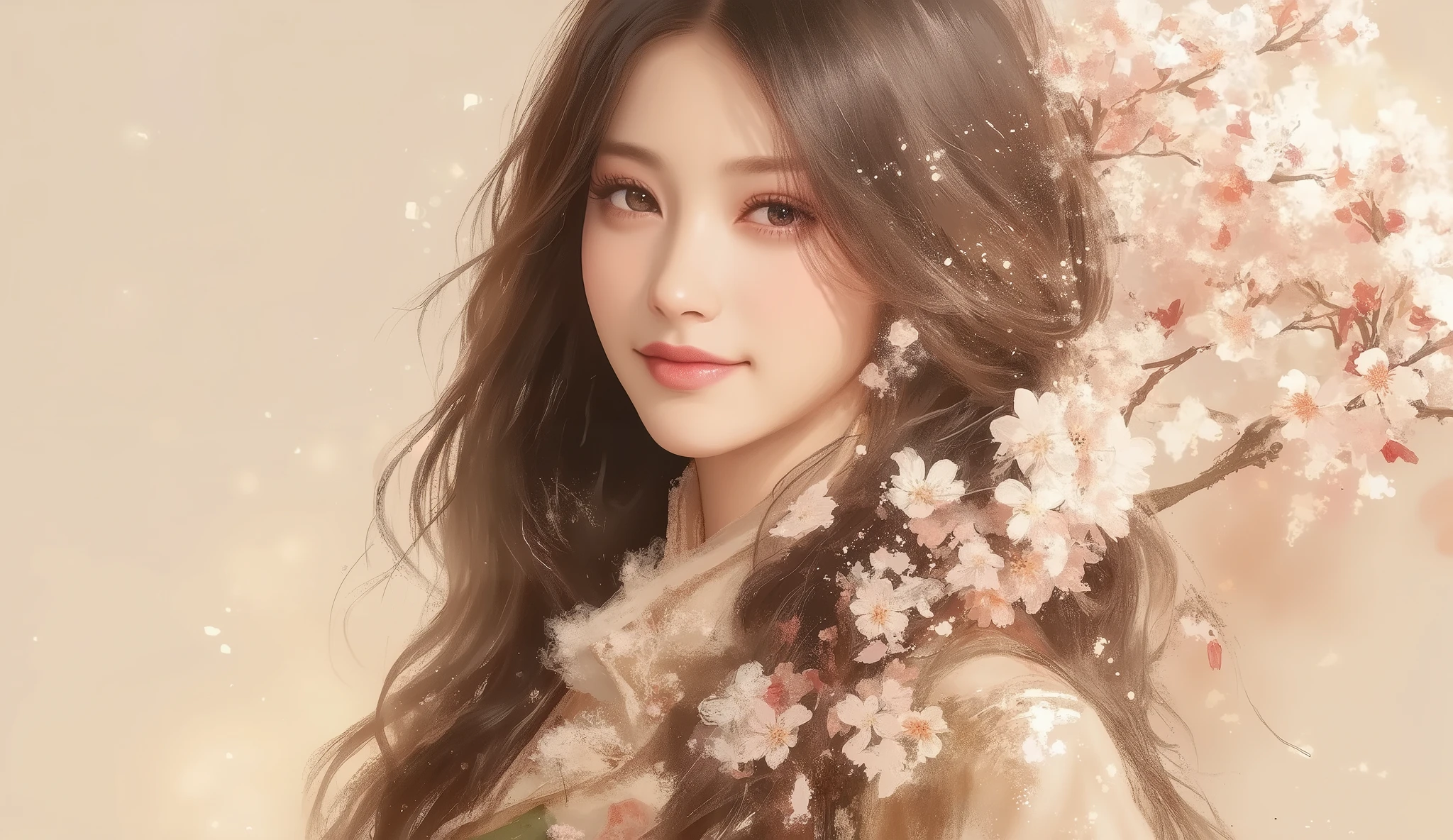 (((Brown watercolor paint :6、 acrylic paint )))、 cherry blossoms、Girl holding a cherry branch、 happy expression、 smile、Cabello largo shinete y detallado、 black hair、 Detailed Kimono、 Textured belt、Tie the obi、( shine、 fluffy 、bokeh)、((( dark sepia filter)))、Plain background