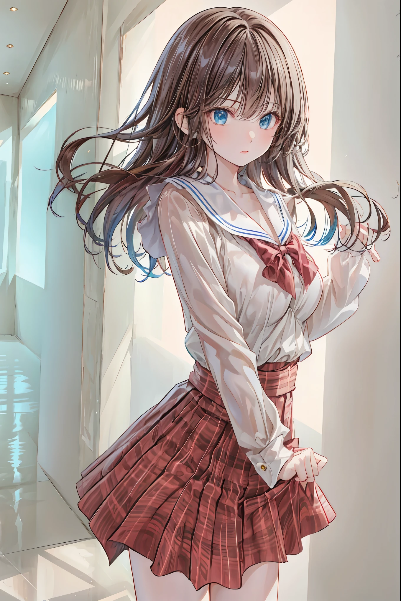 blunt bang, Hime Cut, Swift Bangs, NFS W, retina, masterpiece, accurate, textured skin, Super Detail, 解剖学的に accurate, advanced details, high quality, High Resolution, 最high quality , cute, beautiful age girl , blunt bang, curly hair, behind the back of the arm, clavicle, Thighs, thighs , school uniform, , tiny boobs, amazing