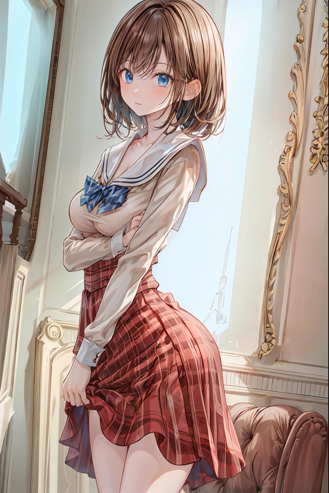 blunt bang, Hime Cut, Swift Bangs, NFS W, retina, masterpiece, accurate, textured skin, Super Detail, 解剖学的に accurate, advanced details, high quality, High Resolution, 最high quality , cute, beautiful age girl , blunt bang, curly hair, behind the back of the arm, clavicle, Thighs, thighs , school uniform, , tiny boobs, amazing
