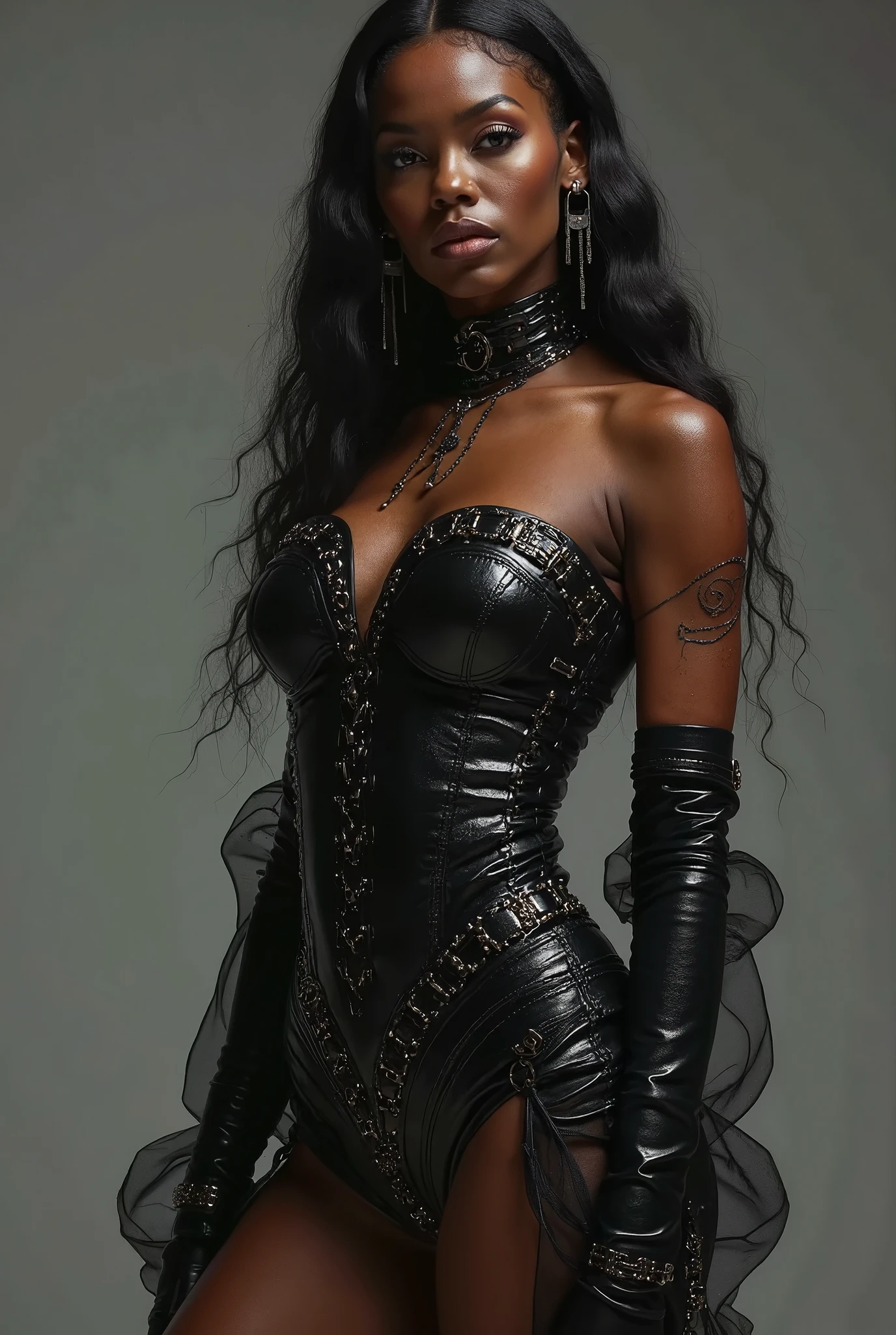 a woman wearing a gunmetal-grey leather/latex/lace/mesh corset. Lightly padded. Loose Fashion corset, Industrial fetish bdsm inspiration, asymmetrical design, studs, buckles, chains, chainmail, busty Nigerian-Korean model. Action photo