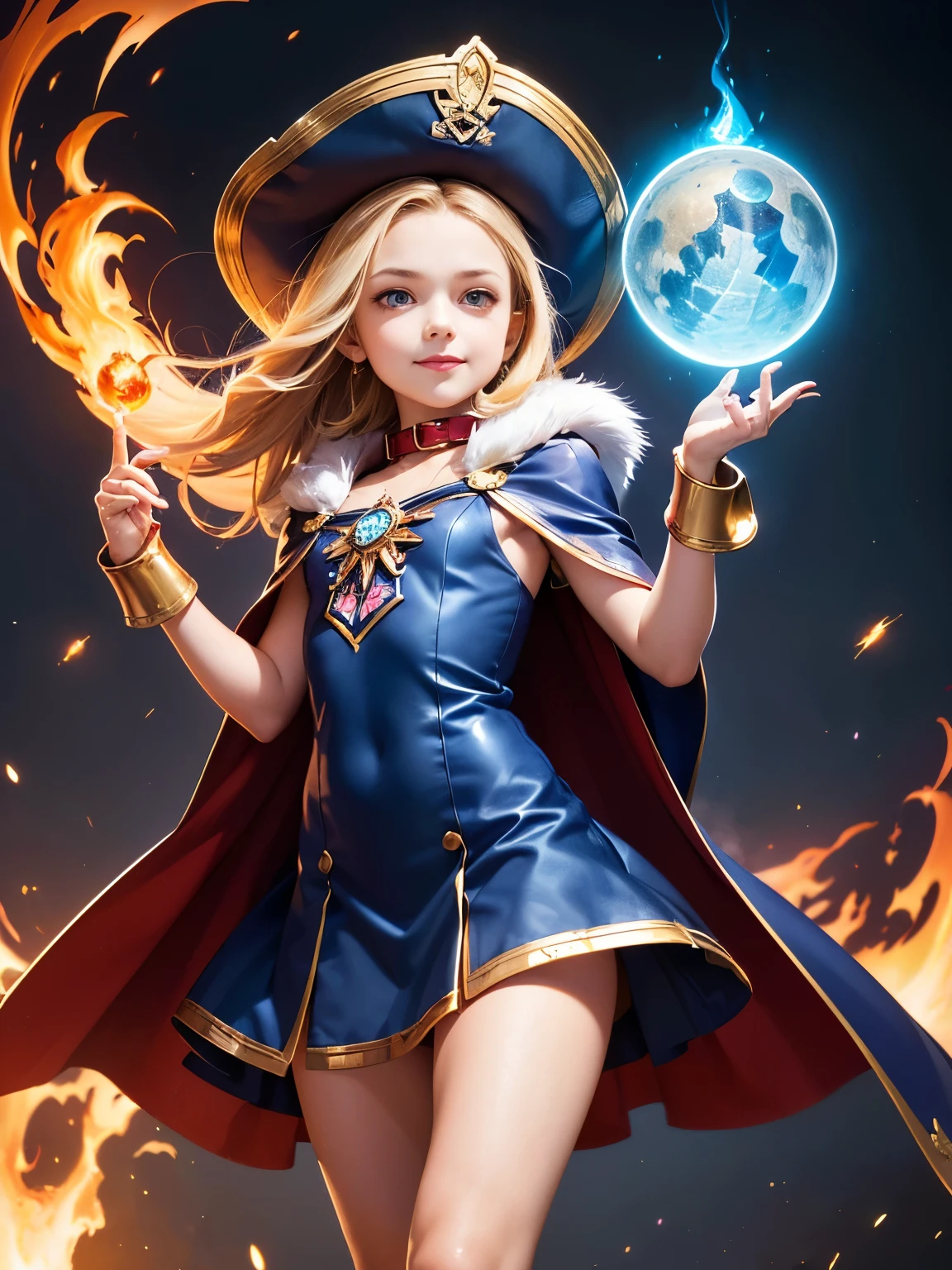 (Surrealism, retina, masterpiece, accurate, anatomically correct, super detail, best quality, 8k, extremely precise in every detail, beautiful detailed glow, beautiful attention to detail, beautiful detailed eyes:1.4), a female er is shooting a fire-ball magic, skinny body, (flat chest like a boy:1.4), long blonde hair, (wearing a short navy blue dress with red fronts decorated with gold:1.2), (wearing a navy cloak with fur on the collar over the navy blue dress:1.2), wearing a embellished navy short boots and a pirate hat, (anatomically correct fingers, anatomically correct hands:1.5), female preschoolzard, Half Summoner, Alchemist Girl, Preschool Wizard, Epic Magical Girl Character, JRPG characters art, Young Female Wizard, High definition official artwork, Female preschool Wid, Bright Witch, Beautiful Wizard, smiling, accompanying by a large firebird, Flame magician girl!!