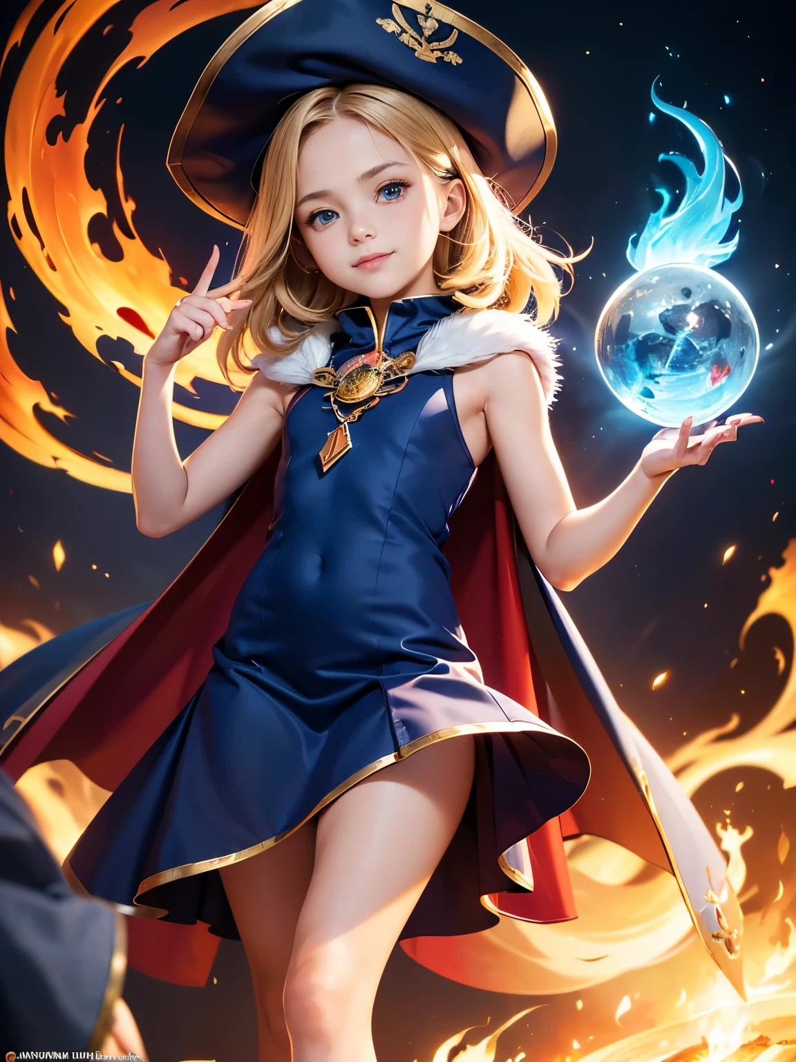 (Surrealism, retina, masterpiece, accurate, anatomically correct, super detail, best quality, 8k, extremely precise in every detail, beautiful detailed glow, beautiful attention to detail, beautiful detailed eyes:1.4), a female er is shooting a fire-ball magic, skinny body, (flat chest like a boy:1.4), long blonde hair, (wearing a short navy blue dress with red fronts decorated with gold:1.2), (wearing a navy cloak with fur on the collar over the navy blue dress:1.2), wearing a embellished navy short boots and a pirate hat, (anatomically correct fingers, anatomically correct hands:1.5), female preschoolzard, Half Summoner, Alchemist Girl, Preschool Wizard, Epic Magical Girl Character, JRPG characters art, Young Female Wizard, High definition official artwork, Female preschool Wid, Bright Witch, Beautiful Wizard, smiling, accompanying by a large firebird, Flame magician girl!!