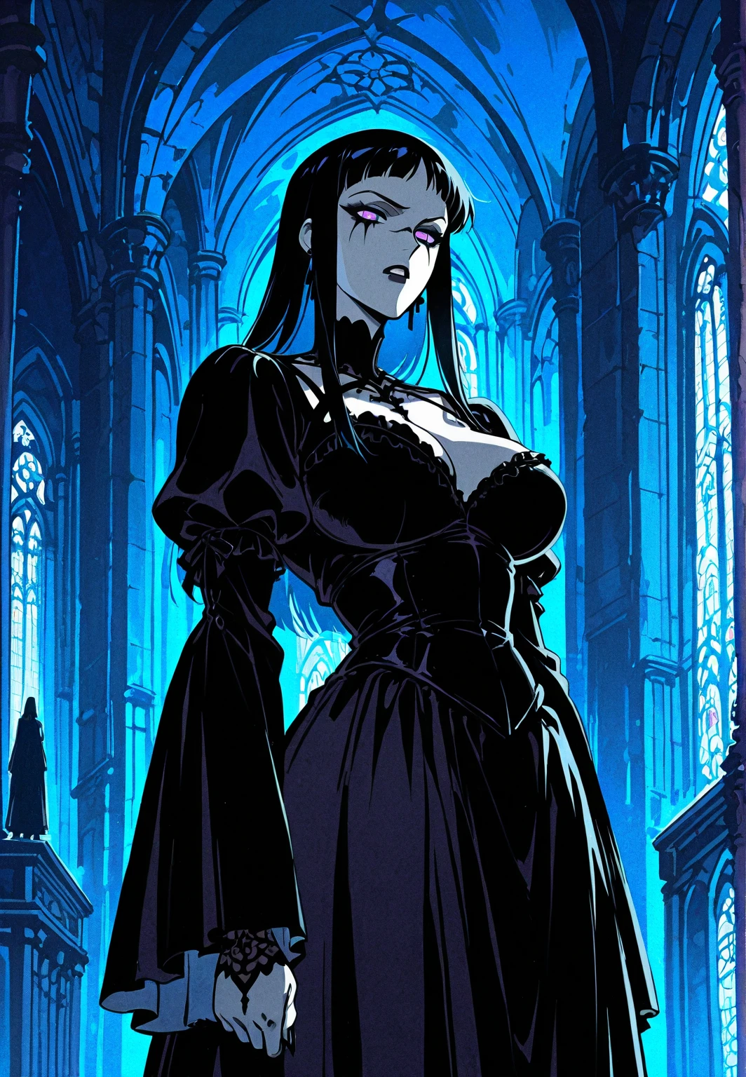(best quality,highres,masterpiece:1.2),ultra-detailed,realistic,photorealistic:1.37,gothic style,imposing atmosphere,mysterious lighting,rich shadows,black and white tones,dark foggy background,vivid details,ethereal beauty,female figure,curvy body,voluptuous woman,long flowing hair,piercing eyes,intense gaze,glistening lips,gothic makeup,elegant dress,lace details,flowing fabric,roses,dark garden,majestic gate,tall stone pillars,moonlit night,haunting presence,seductive aura,ominous vibe,deep emotions.