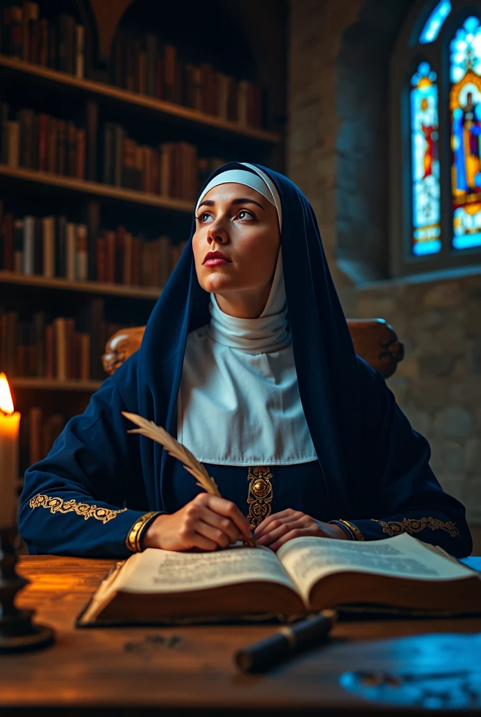 Beautiful blonde with big breasts dressed as a nun (Holding a book in a dark church),Wearing headphones,Very detailed, 21 years old, Innocent face, Naturally Wavy Hair, blue eyes, High resolution, masterpiece, Highest quality, Intricate details, Very detailed, Clear focus, Delicate skin, practical skin texture, texture, Delicate eyes, Professional, 4K, Sad crying face, Shot with Canon, 85mm, Shallow and deep,  Kodak Vision Color, Exactly, Very detailed, photograph_\(Extremist\), photographpractical, practical, Post-processing, Maximum details, Roughness, Real Life, Extremist practical, Photorealism, photographgraphy, 8K Ultra HD, photographgraphy