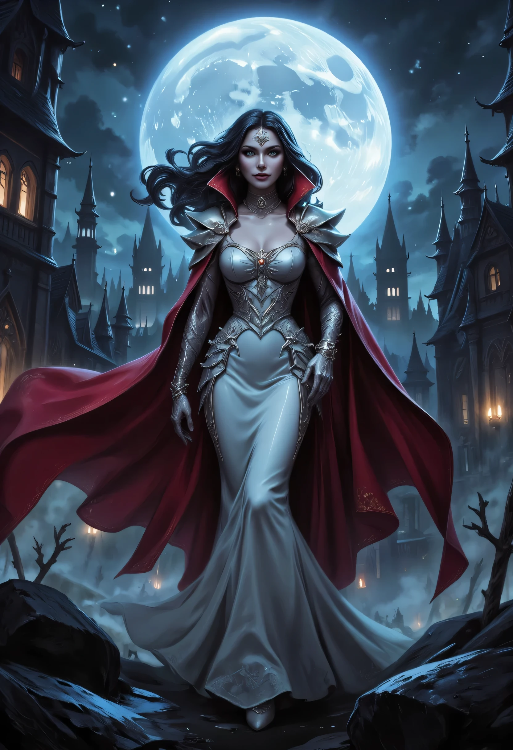 comic art, fantasy art, RPG art, ultra wide shot, a picture of a vampire queen walking in a windy day, in the big city, a beautiful mature vampire queen, elegant vampire, dynamic hair color, dynamic hair style, wearing intricate white silk dress,  billowing in the wind, flowing red cloak, high heels,  standing in goth city at night, windy night, goth buildings, lit by torches, moon in the sky, 16k, [ultra detailed], masterpiece, best quality, (ultra detailed), full body, ultra wide shot, zavy-ctcmcs, aidmaDarkfantasy