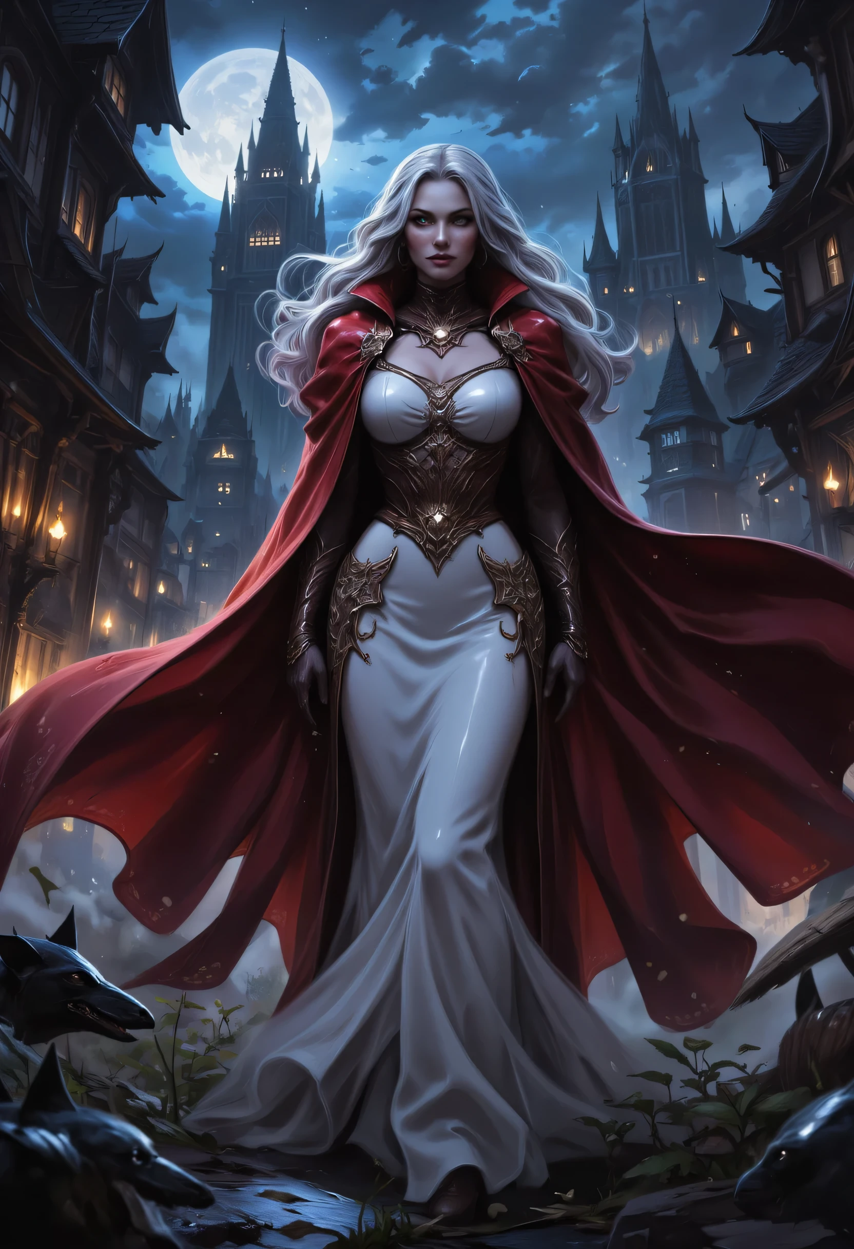 comic art, fantasy art, RPG art, ultra wide shot, a picture of a vampire queen walking in a windy day, in the big city, a beautiful mature vampire queen, elegant vampire, dynamic hair color, dynamic hair style, wearing intricate white silk dress,  billowing in the wind, flowing red cloak, high heels,  standing in goth city at night, windy night, goth buildings, lit by torches, moon in the sky, 16k, [ultra detailed], masterpiece, best quality, (ultra detailed), full body, ultra wide shot, zavy-ctcmcs, aidmaDarkfantasy