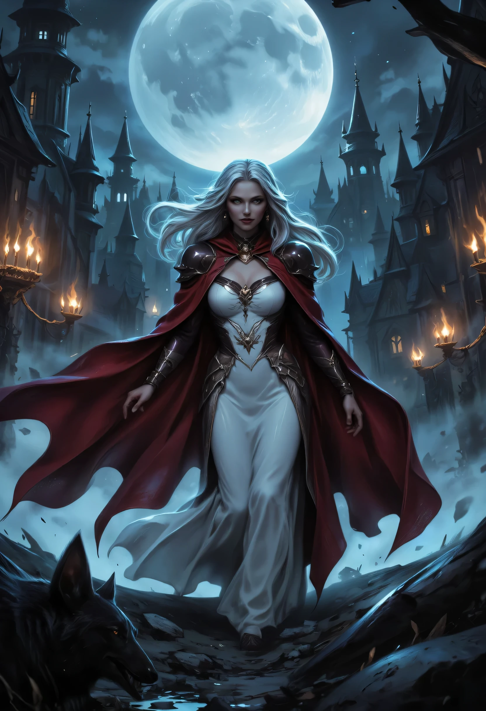 comic art, fantasy art, RPG art, ultra wide shot, a picture of a vampire queen walking in a windy day, in the big city, a beautiful mature vampire queen, elegant vampire, dynamic hair color, dynamic hair style, wearing intricate white silk dress,  billowing in the wind, flowing red cloak, high heels,  standing in goth city at night, windy night, goth buildings, lit by torches, moon in the sky, 16k, [ultra detailed], masterpiece, best quality, (ultra detailed), full body, ultra wide shot, zavy-ctcmcs, aidmaDarkfantasy