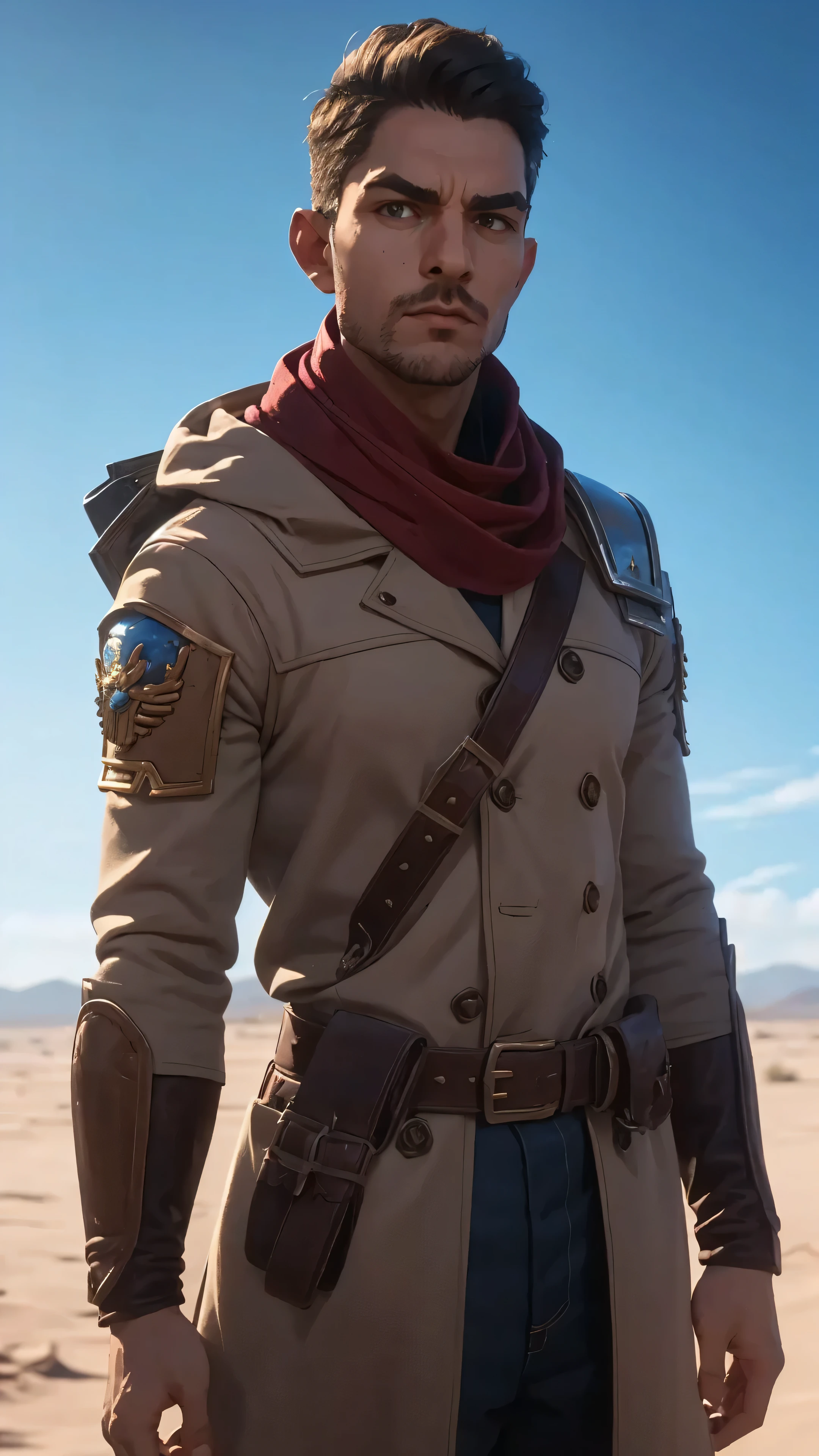 1guy, professional photo of pat32, (wearing beige coburn great coat), red Shemagh scarf, armour shoulder pieces, leather bandolier, perfect brown eyes, upper body shot low lighting, moody, large depth of field, warhammer 40k, deep depth of field, highly detailed, (bright, good lighting, bright frontal light), three quarter shot, frontal image, standing in open desert terrain, sun, blue sky, looking to right, (upper body portrait), si-fi communication device on belt, ((soft light illuminating face)), confident, manly
