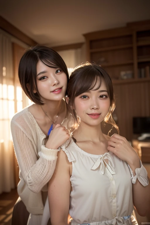 (in 8K, Raw photo, 超A high resolution, Best Quality, masutepiece:1.2), (realistic illustration), (the Extremely Detailed CG Unity 8K Wallpapers), absurderes, 2 girls in, 18 yo, Beautiful face,Large breasts, Black medium hair, Smile, Tilting head, grin, Upper body, skirt by the, V-neck short sleeve knit, Indoor, Upper body, AKB48 Idol, 女優