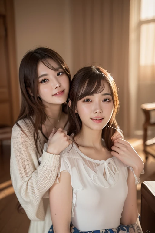 (masterpiece:1.3), (8K, Photoreal, Raw photo, best image quality: 1.4), Japanese high school girl、Similar twins、2 girls、(random hairstyle:1.2)、cleavage:1.2、super detail face、eye for details、double eyelid、chest to chest、sharp focus:1.2、Beautiful woman:1.4、light brown hair、highest quality、masterpiece、Super high resolution、(Photoreal:1.4)、Highly detailed and professionally lit smiles、loose and light knitwear, Two girls are touching each other's bodies because they are surprised that they have exactly the same face.