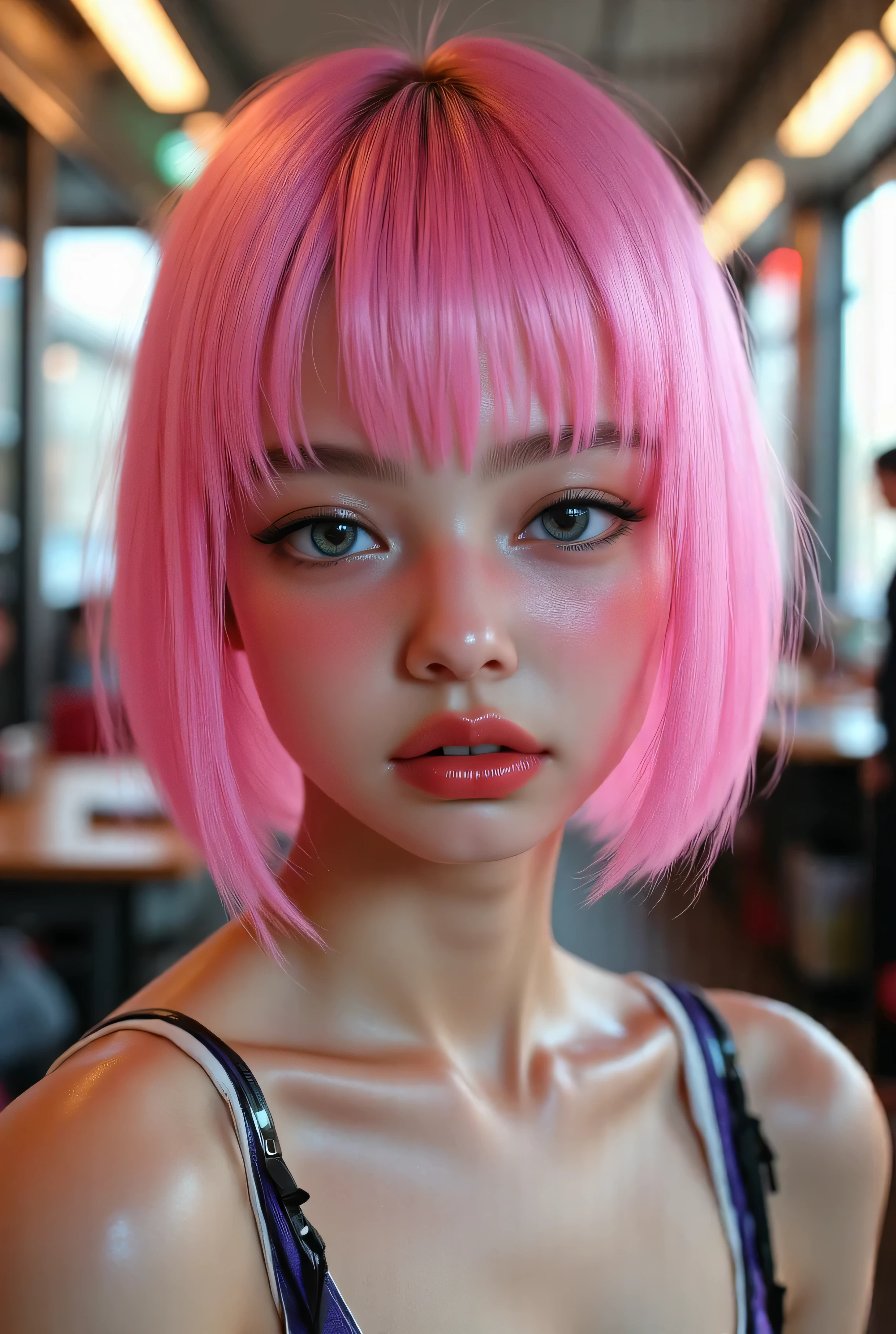 (1 girl,french bob pink haircut, ,,, school girl attire, oily skin, blush,wet skin