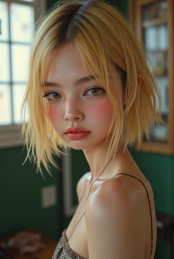 (1 girl,french bob blonde haircut, ,,, school girl attire, oily skin, blush,wet skin