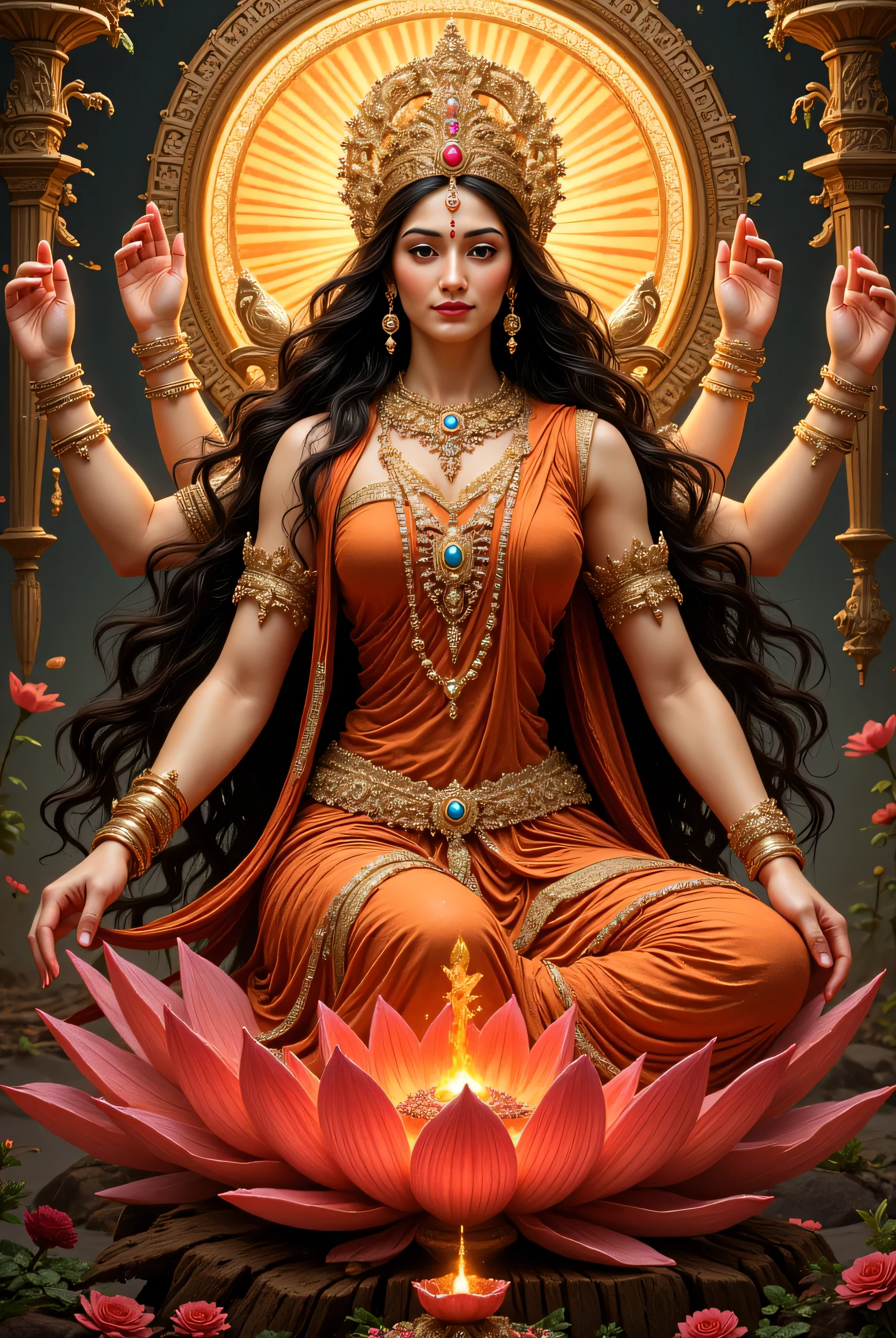 Tripura Sundari :
   - A beautiful goddess with a graceful appearance, often depicted with four faces and a serene expression. She is usually seated on a throne or lotus, with a radiant aura and elaborate ornaments, representing supreme beauty and bliss. In dall e-3 style 