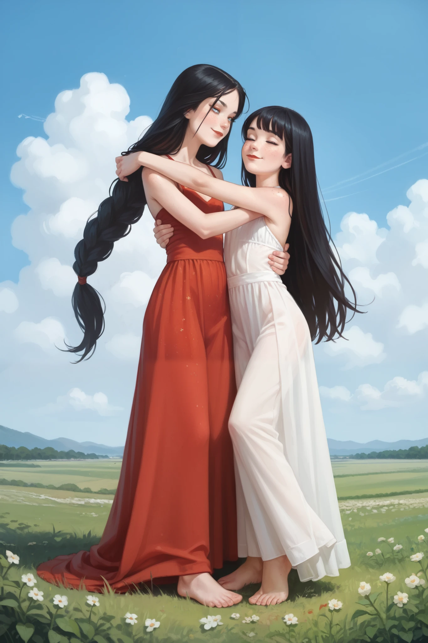 Two girls suspended, long dress , straight black hair, Very long hair, freckles, detailed ribs, flat breasted, Medium and pointed breasts, full body, small bare feet, red lips, eyeliner, smile, LAWN, clouds, blue sky, sunny, Language, hug, Creampie