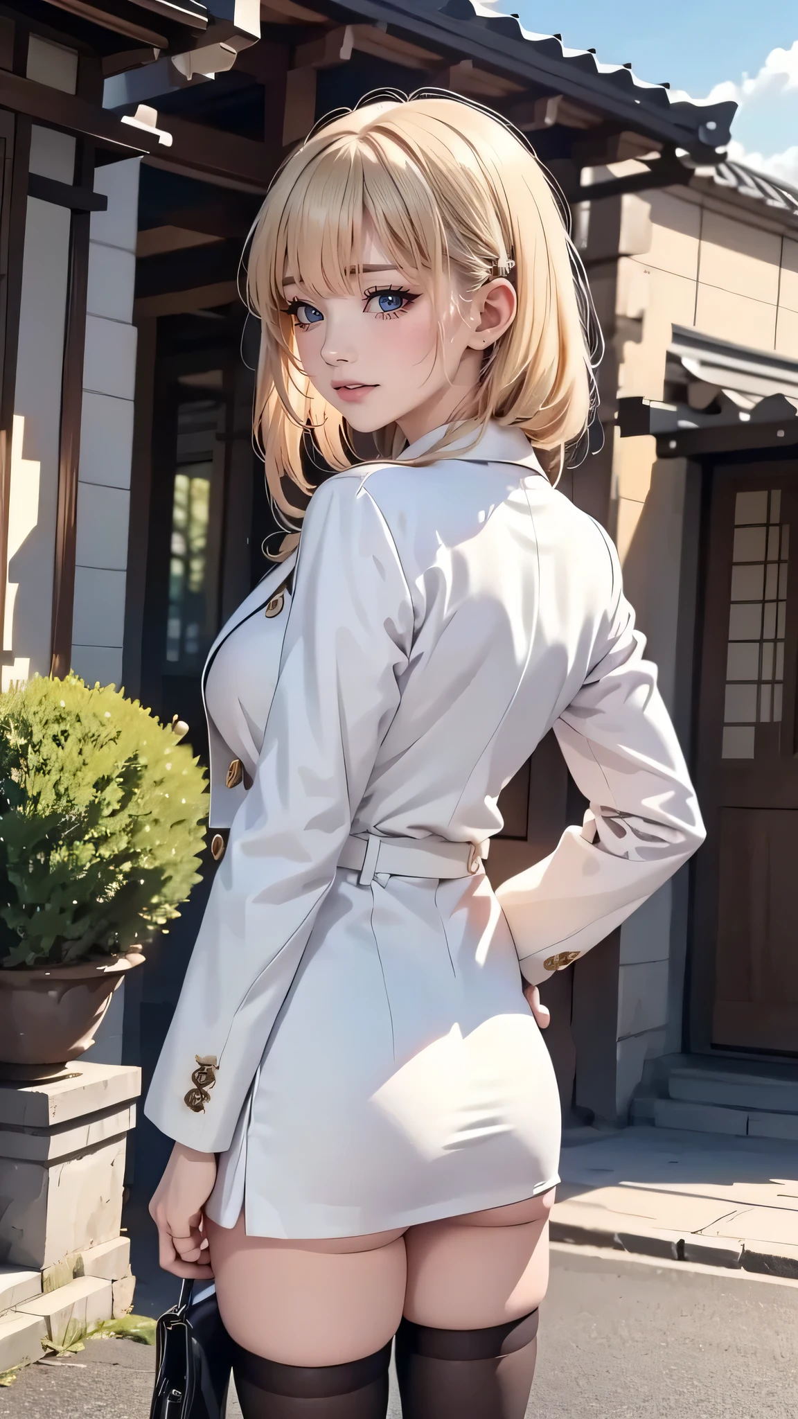 score_9, score_8_up, score_7_up, super detailed, BREAK Complete Anatomy , 32K, masterpiece , TOP QUALITY, super high definition , beautiful face and eye details , beautiful Japanese woman , blonde hair, invalid,smile, steam, school uniform, blazer, with modern style fitted jacket, miniskirt and tights , put your hands on your back, big breasted , huge girl with a building slouching , It's bent to 。 from a certain point of view , video viewers,town