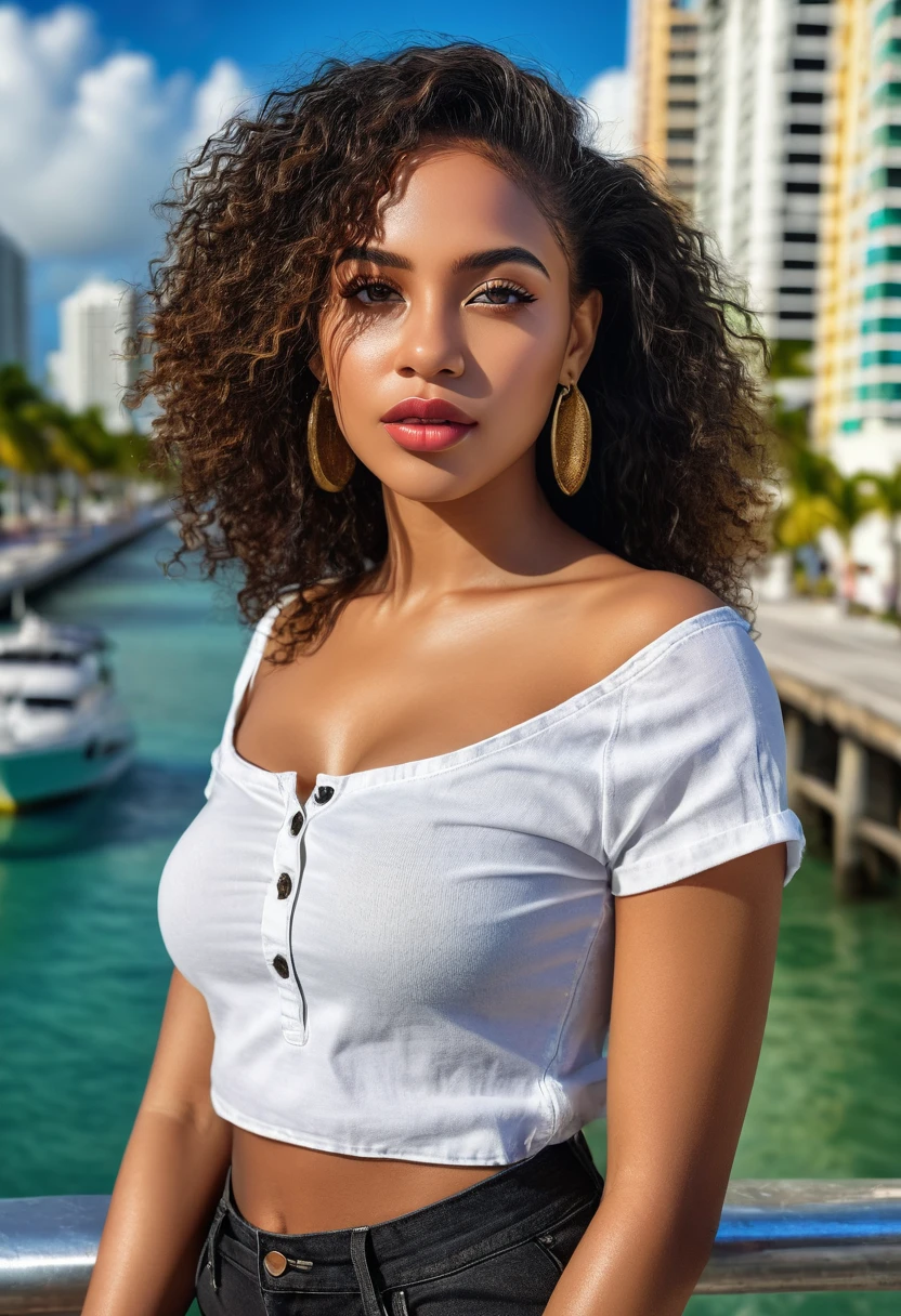 Erstellen Sie eine hyperrealistische, photorealistic photo of 30 year old black woman, Emphasizing her detailed and perfect facial features, hat lange, slightly curly black hair and striking gray-hazel eyes. kleine Nase, kurvig, Very big tits, Brustgröße (Cup size 90K). capturing the essence of her beauty and maturity, characteristic of a 30 year old black MILF. Der Stil sollte hochwertig sein, Kunstrealismus, Jedes Detail wird erfasst, um eine lebensechte und authentische Darstellung zu vermitteln. mit Kleidung. Bekleidet mit einem romantischen schulterfreien Blumenkleid, Sie ist auf einer Gondelfahrt in Venedig. Surrounded by historic buildings and canal waters, She is enjoying a quiet moment, die Romantik der Stadt einfangen.