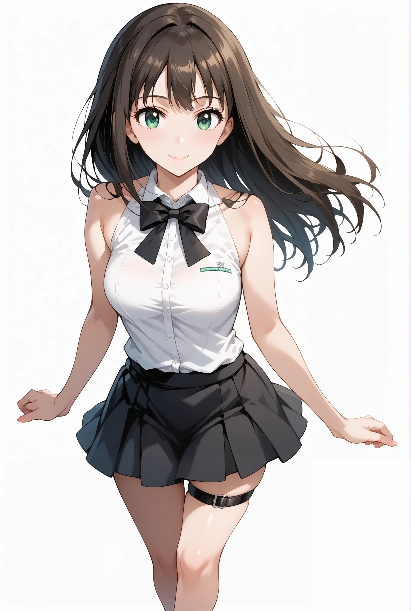 score_9, score_8_up, score_7_up, source_anime, 4K,perfect fingers,(perfect hands, perfect anatomy),prefect lighting, very aesthetic, intricate details,highly detailed background, masterpiece, high quality, best quality,
1girls,solo, rinshibuya, rin shibuya, black hair, green eyes, long hair, large breasts, mature female, 
wearing wearing ((black bowtie,white shirt,sleeveless, off shoulder, black skirt, suspender skirt, thigh strap,   )),,
((White plain background:1.5)) , looking at viewer, smile,(perfect hands, perfect anatomy),filed, high thigh individual , fullbody,Stand up,