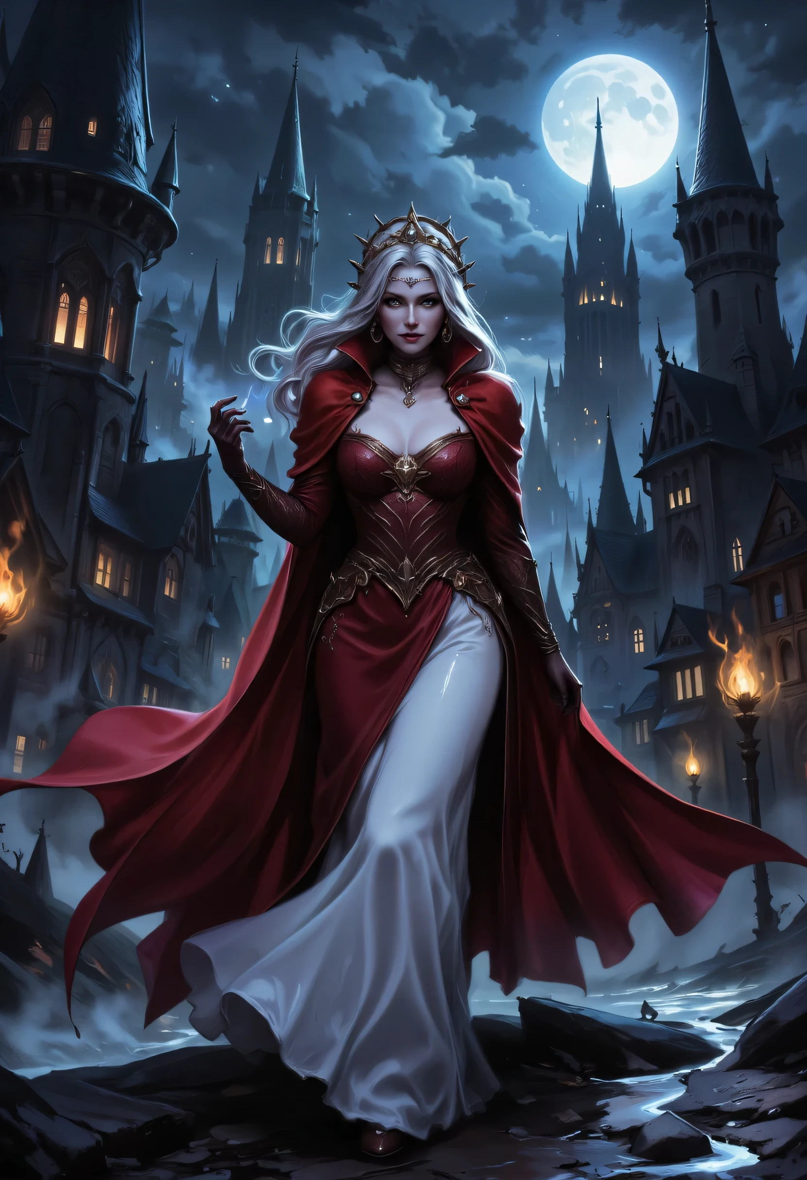 anime art, fantasy art, RPG art, ultra wide shot, a picture of a vampire queen walking in a windy day, in the big city, a beautiful mature vampire queen, elegant vampire, dynamic hair color, dynamic hair style, wearing intricate white silk dress,  billowing in the wind, flowing red cloak, high heels,  standing in goth city at night, windy night, goth buildings, lit by torches, moon in the sky, 16k, [ultra detailed], masterpiece, best quality, (ultra detailed), full body, ultra wide shot, zavy-ctcmcs, aidmaDarkfantasy
