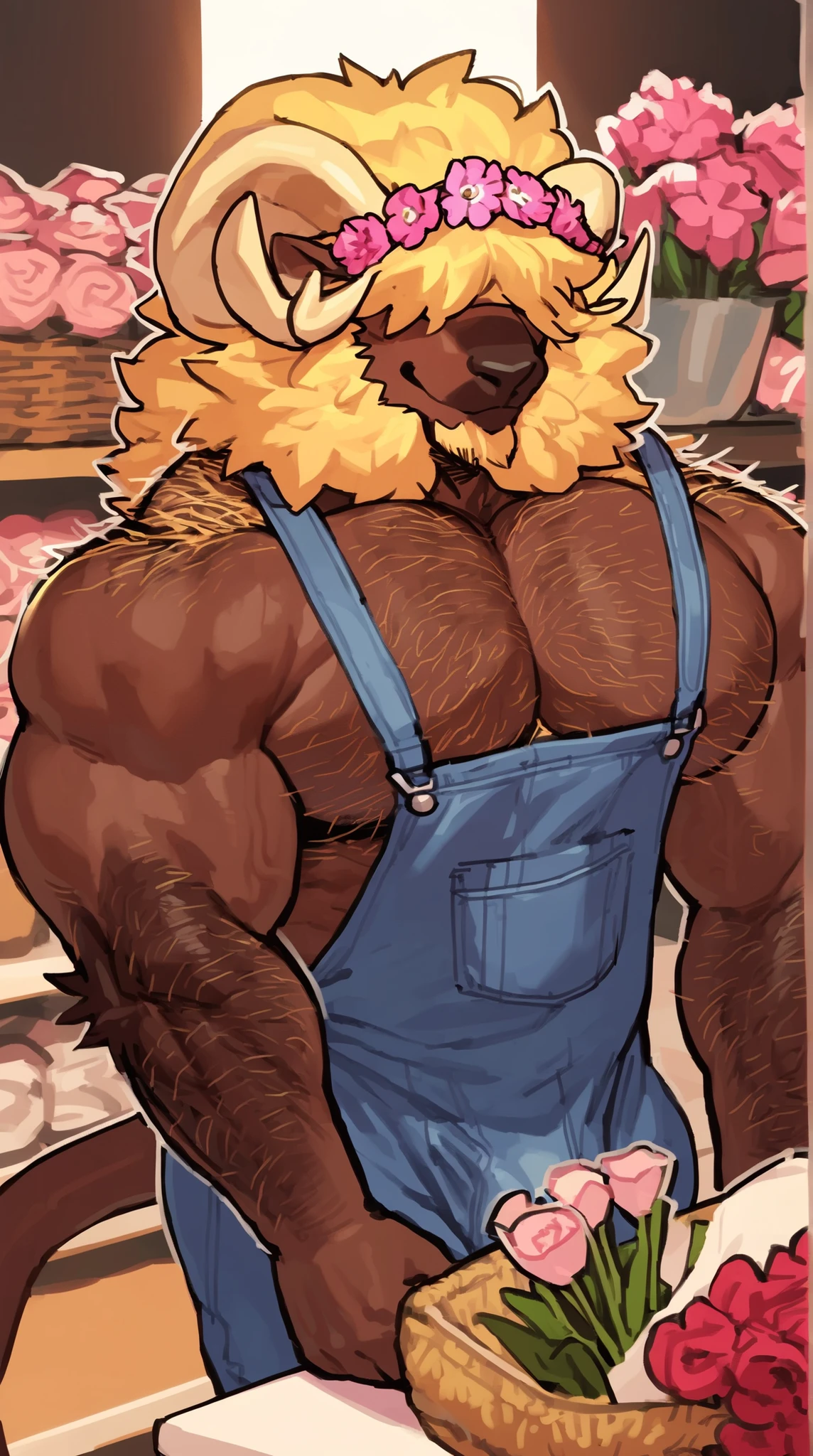 bara ram, full body, perfect anatomy, masterpiece, hunk, huge ram horns, florist, thin beard, dynamic light, blond afro haircut, afro covering the eyes((, the hair is covering the eyes, flower crown on the head, hairy pecs, hairy shoulders,hairy arms, bodybuilder):1.1), hairy chest, wide shoulders, muscular neck, solo, great lighting, by bebebebe, by ZIXiong, by zackary911, by SligarTheTiger, by RED8EAN, white outline, very detailed face, solo, working in a flower shop, detailed face expression, looking at the viewer, florist outfit, wearing a loose oversized denim overall, holding flowers, bulge