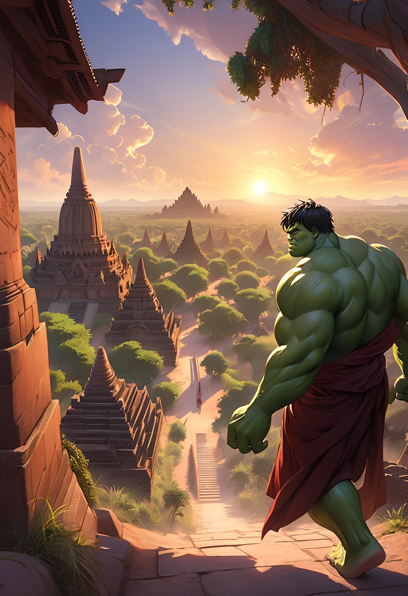 Captivating and hyper-realistic life-size portraits、The towering figure of the Green Hulk is seen striding over the ancient city of Bagan at dusk.。Muscular form、Emerald Skin、Intricate details of Hulk-like features、It is presented with cinematic grandeur.。The temples of Bagan are enveloped in the golden halo of the setting sun.、It provides a breathtaking backdrop to this enchanting scene.。Green Hulk&#39;s eyes、Shining with intense, focused gaze、It seems to capture the attention of the viewer as they continue on their journey, leaving them in awe.