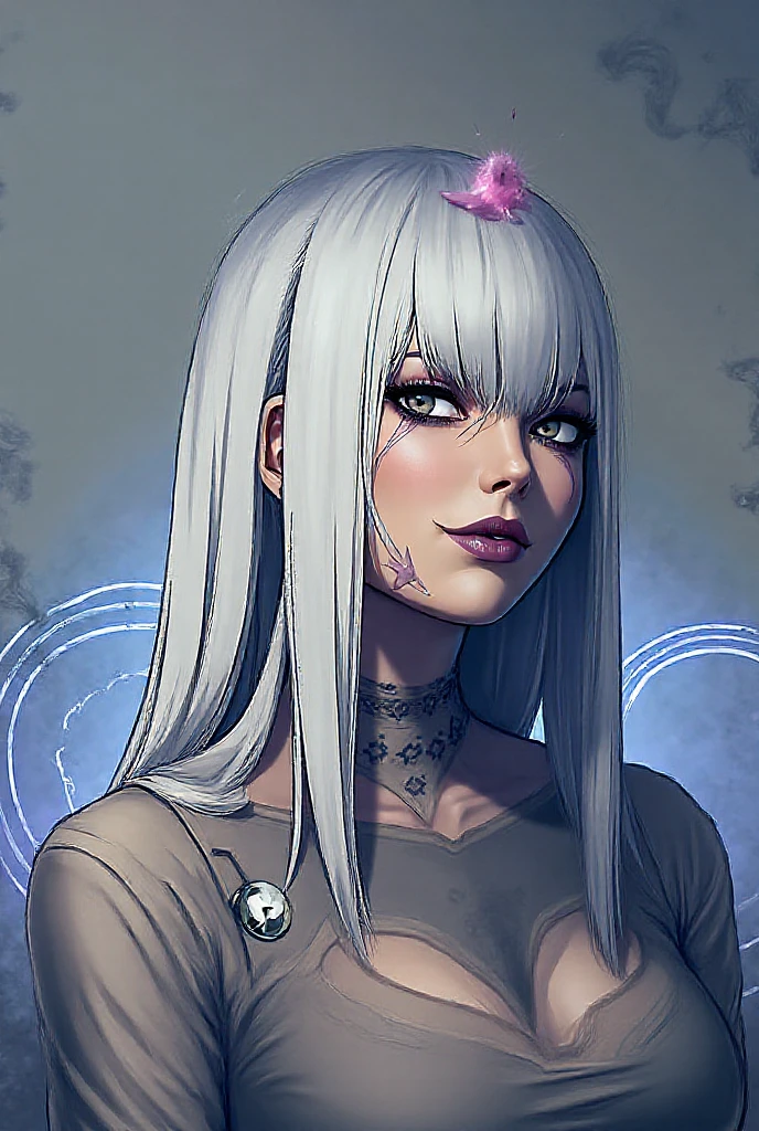 "A woman with long white hair and dark skin (her skin color is dark), wearing a pink sweater. She has cyan-blue eyes and a rectangular jawbone like a mask (it's literally a bone mask) on the left side of her face. These bones are large, and in addition, she has giant bone wings, and she has a female athletic build, including a narrow waist and slim figure."

"HD anime style 5000k and Japanese anime traits from Bleach and HD style."