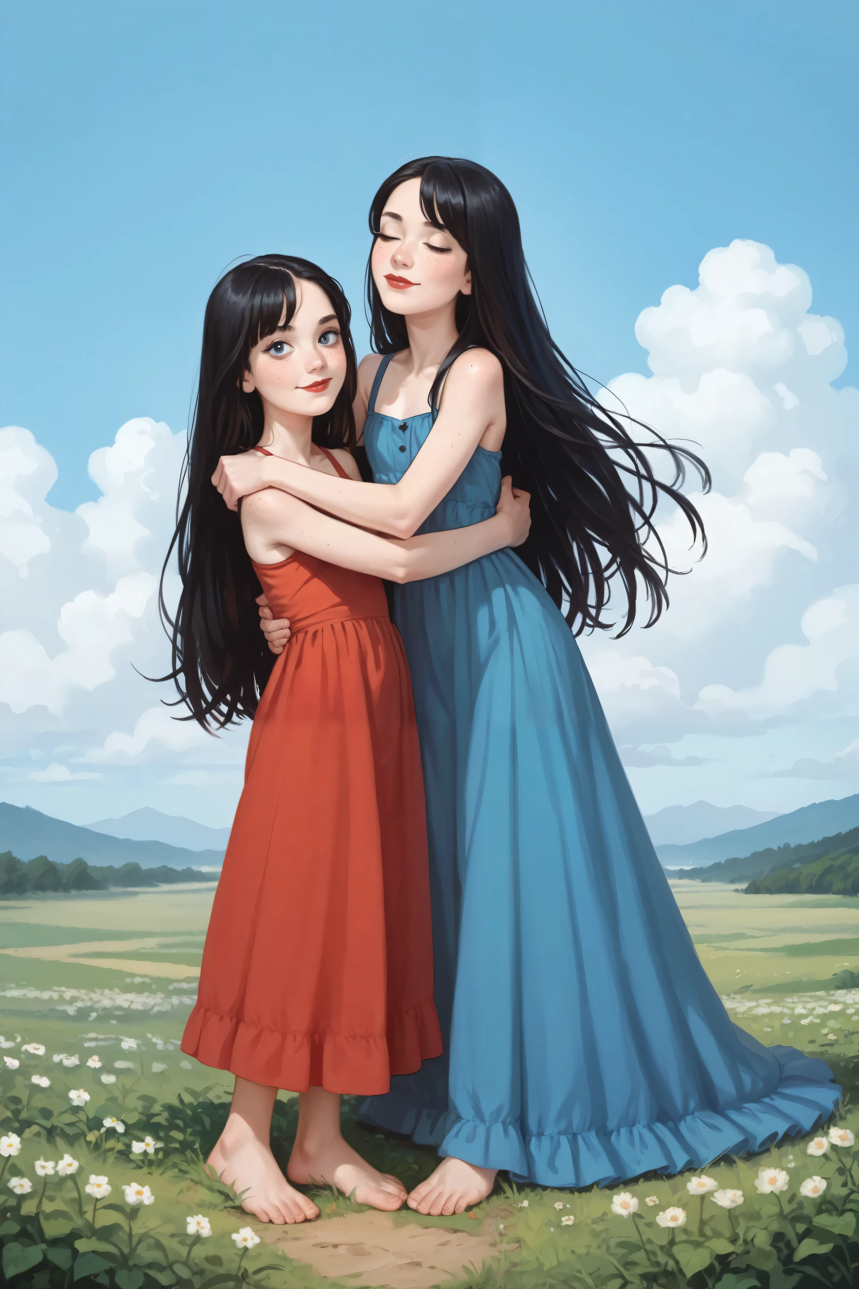 Two agers,  long dress , straight black hair,  Very long hair, freckles, detailed ribs,  flat breasted,  Medium and pointed , full body, small  feet, red lips, eyeliner,  smile, LAWN, clouds,  blue sky, sunny, Language, hug, 