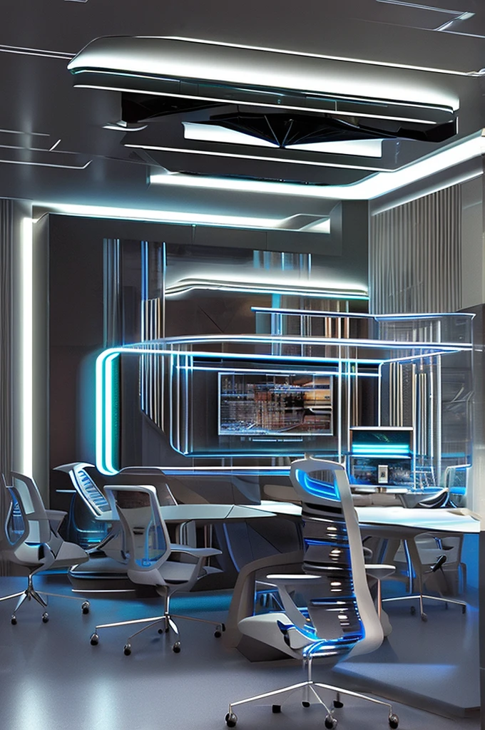 There is a highly ultra-modern table with a large monitor showing complex blueprint for a MEMS device，There is a chair in front, futuristic interior, futuristic room, retro futuristic control room, futuristic room background, A futuristic office, futuristic architectural art, airlock, desktopography, sci-fi interior, Detailed futuristic architecture, gorgeous 3d render, origami studio 3 design, rendered in lumion pro, stunning 3 d render; pale blue neon and white light; office view