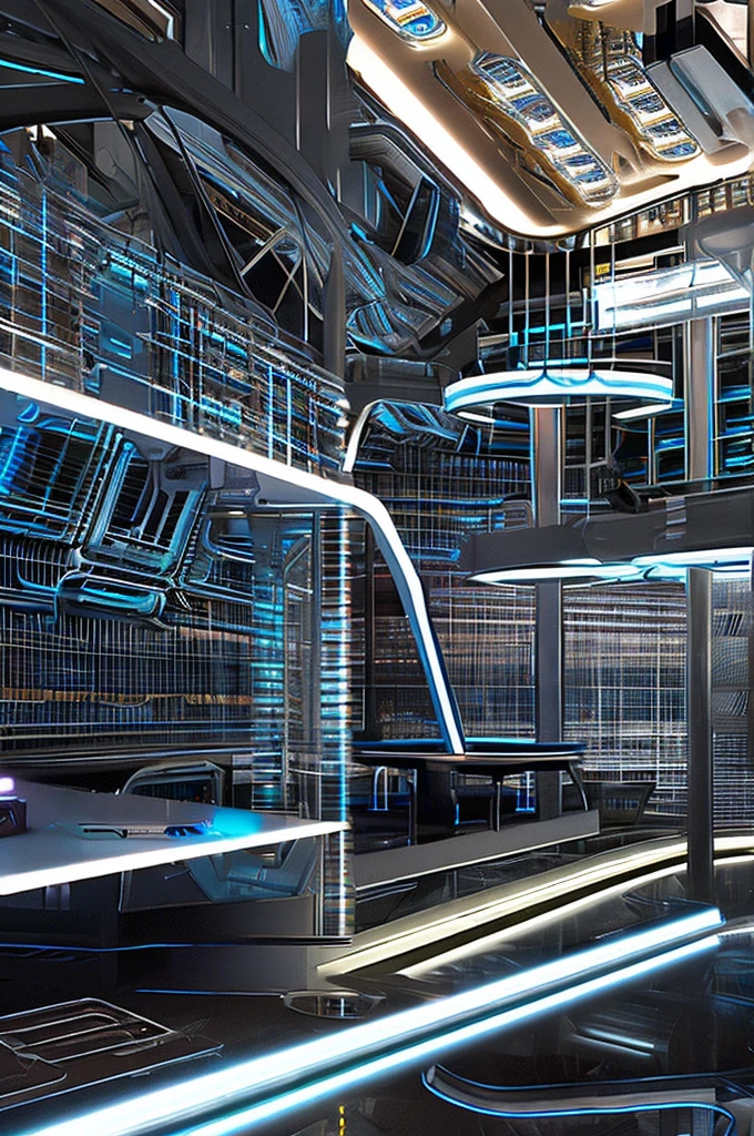 There is a highly ultra-modern table with a large monitor showing complex blueprint for a MEMS device，There is a chair in front, futuristic interior, futuristic room, retro futuristic control room, futuristic room background, A futuristic office, futuristic architectural art, airlock, desktopography, sci-fi interior, Detailed futuristic architecture, gorgeous 3d render, origami studio 3 design, rendered in lumion pro, stunning 3 d render; pale blue neon and white light; office view