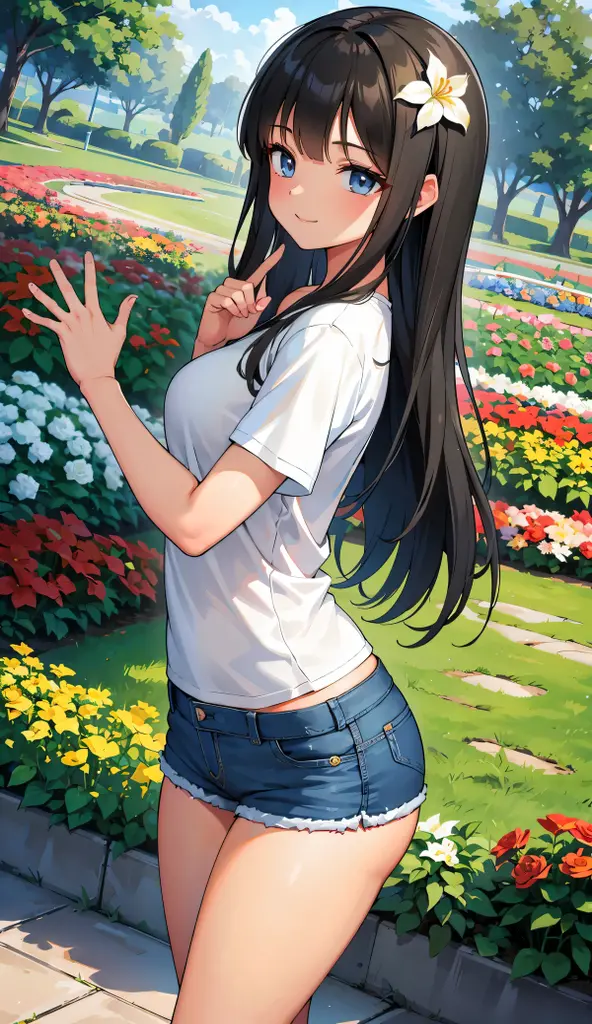 (8K, Live shooting, best quality, muste piece: 1.2), High-definition RAW color photo, Professional photography, cinematic light, ((1 girl)), focus on butt, (Low - Angle:1.2), super cute face, (black long hair), smile, Gorgeous body, glossy lips, slender body, big breasts, small butt, ((T-shirt, denim shorts, )), with your back turned:1.5, Are standing:1.2, Turn around pose, natural makeup, long eyelashes, shiny hair, asymmetrical bangs, tanned skin, pretty face, beautiful detailed eyes, beautiful body, beautiful chest, beautiful thighs, beautiful legs, (((clean fingers, 5 fingers on hand, five fingers))), (((flower garden, garden))), central image, high resolution, high detail, detailed hairstyle, detailed face, epic movie lighting, lively, hyper real, perfect limbs, perfect anatomy, anatomically correct,