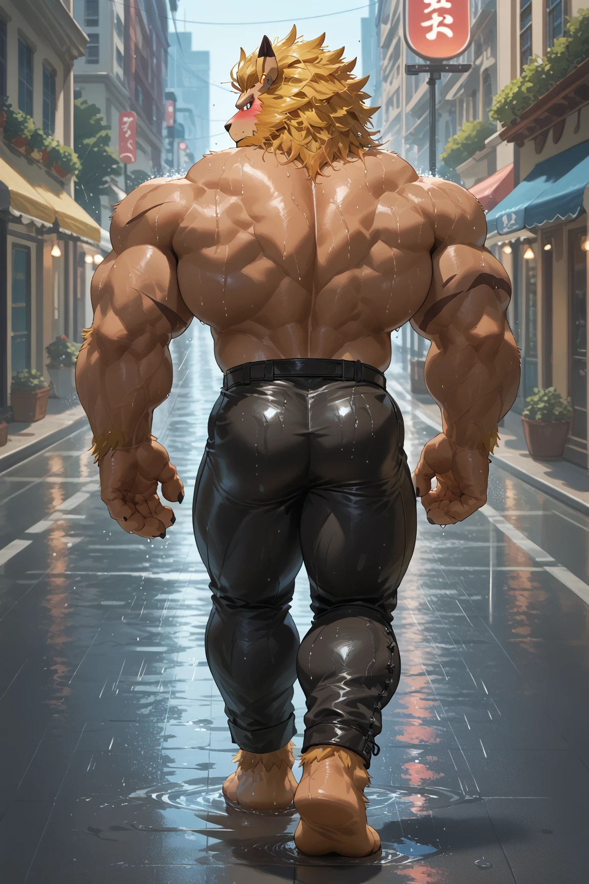 tail, dog, golden retriever, muscular, running, park, fluffy fur, tall, giant, (big bulge), (((jiggly big pecs))), (((small waist))), (((wide hips))), (((big ass))), handsome, shirtless, tight shorts, (((realistic, 8k, ultra details, masterpiece)))