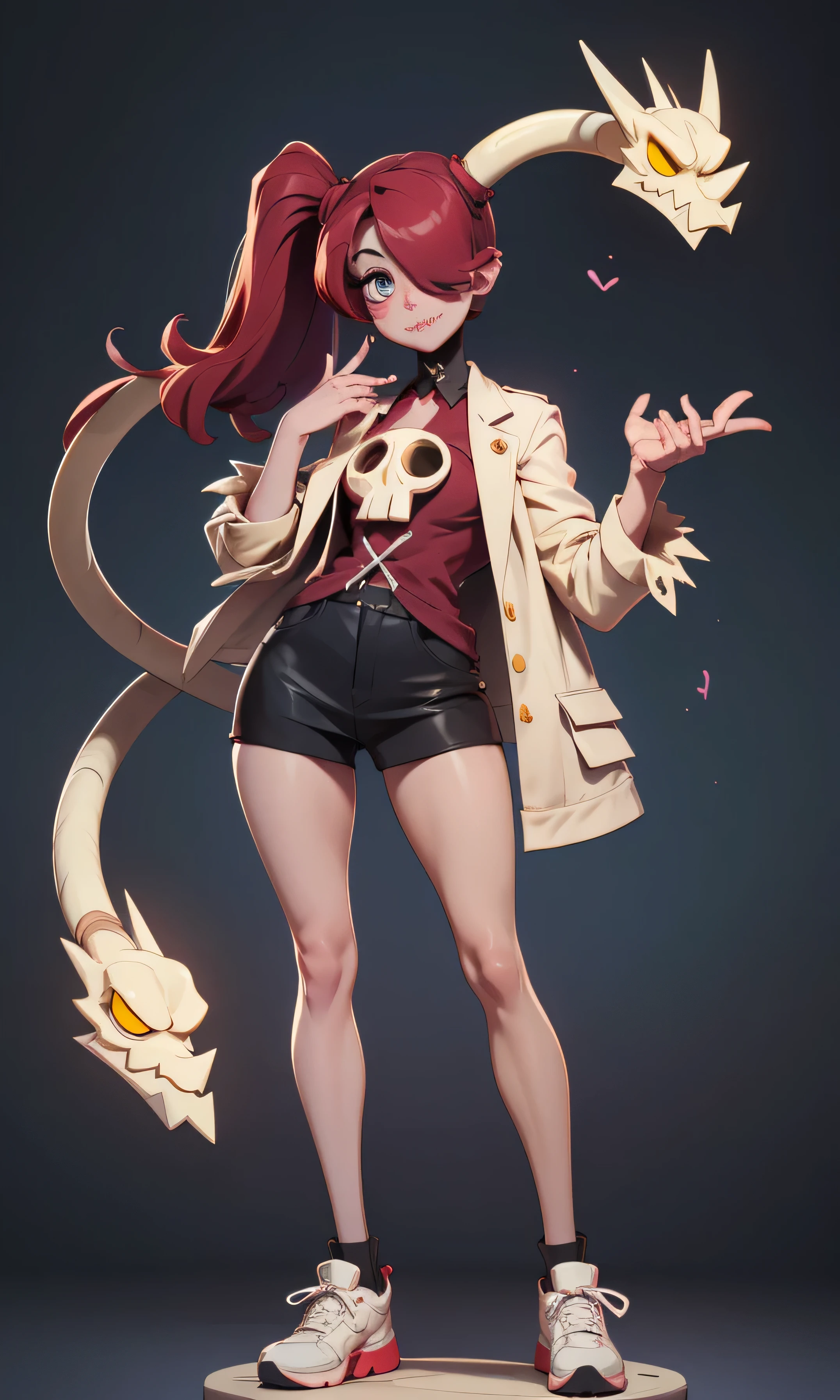 masterpiece,  great detail, a beautiful girl, squigly, skullgirls, red hair, hair over one eye, a blue eye, dos coletas, Bangs, blush, Sewing on the mouth,  smile, full body, thin and tall, skinny, medium breasts, white skin,  naken,  black shoes, pose sexy,  nice legs, Textured skin, 