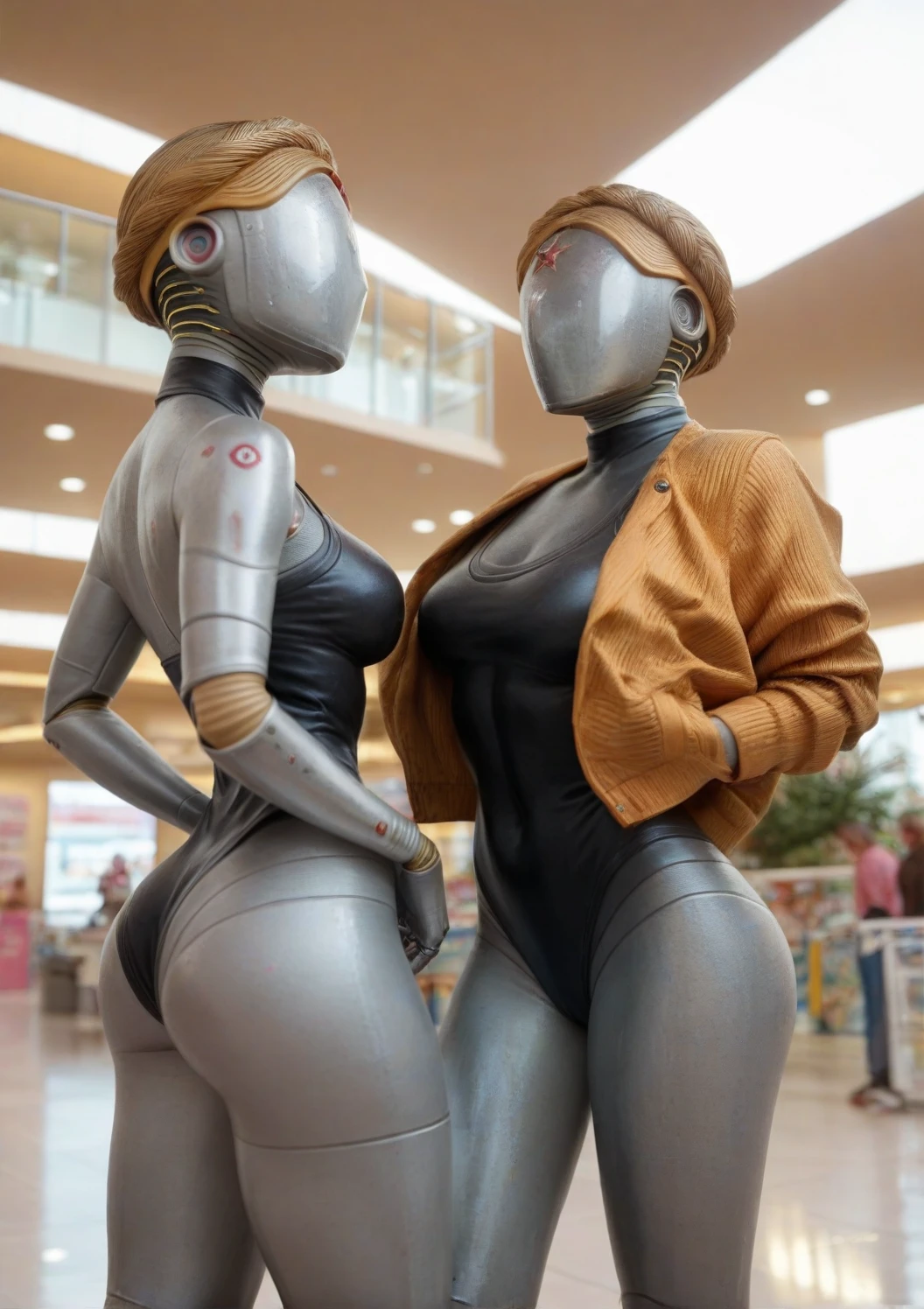<lora:bliznyashkiTheTwins_v1:1> high detail RAW color (Photo:1.3) of (two beautiful robots), standing in old USSR town, shallow depth of field, soft diffused lighting, Canon EOS R3, f/1.8, FE 40mm lens, soft focus, highly detailed professional photograph, HDR, UHD, 4k, full body, full growth, erotic, robot, android
