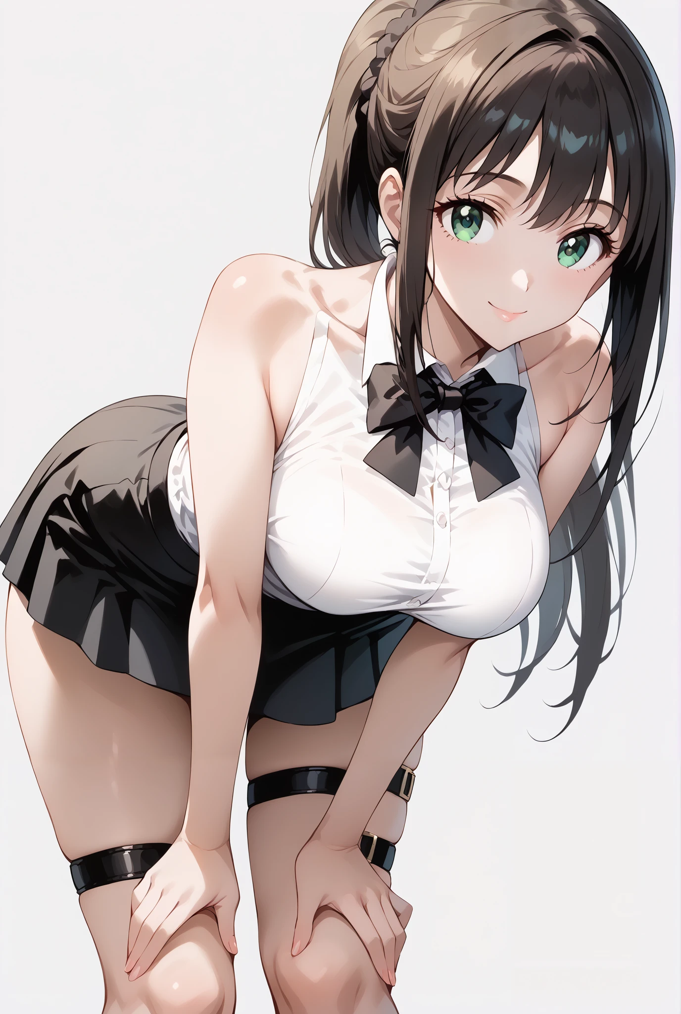 score_9, score_8_up, score_7_up, source_anime, 4K,perfect fingers,(perfect hands, perfect anatomy),prefect lighting, very aesthetic, intricate details,highly detailed background, masterpiece, high quality, best quality,
1girls,solo, rinshibuya, rin shibuya, black hair, green eyes, long hair, high ponytail, large breasts, mature female,
wearing wearing ((black bowtie,white shirt,sleeveless, off shoulder, black skirt, suspender skirt, thigh strap, )),,
((White plain background:1.5)) , looking at viewer, smile,(perfect hands, perfect anatomy),filed, high thigh individual , fullbody,Stand up,low angle, ((leaning forward:1.5)),