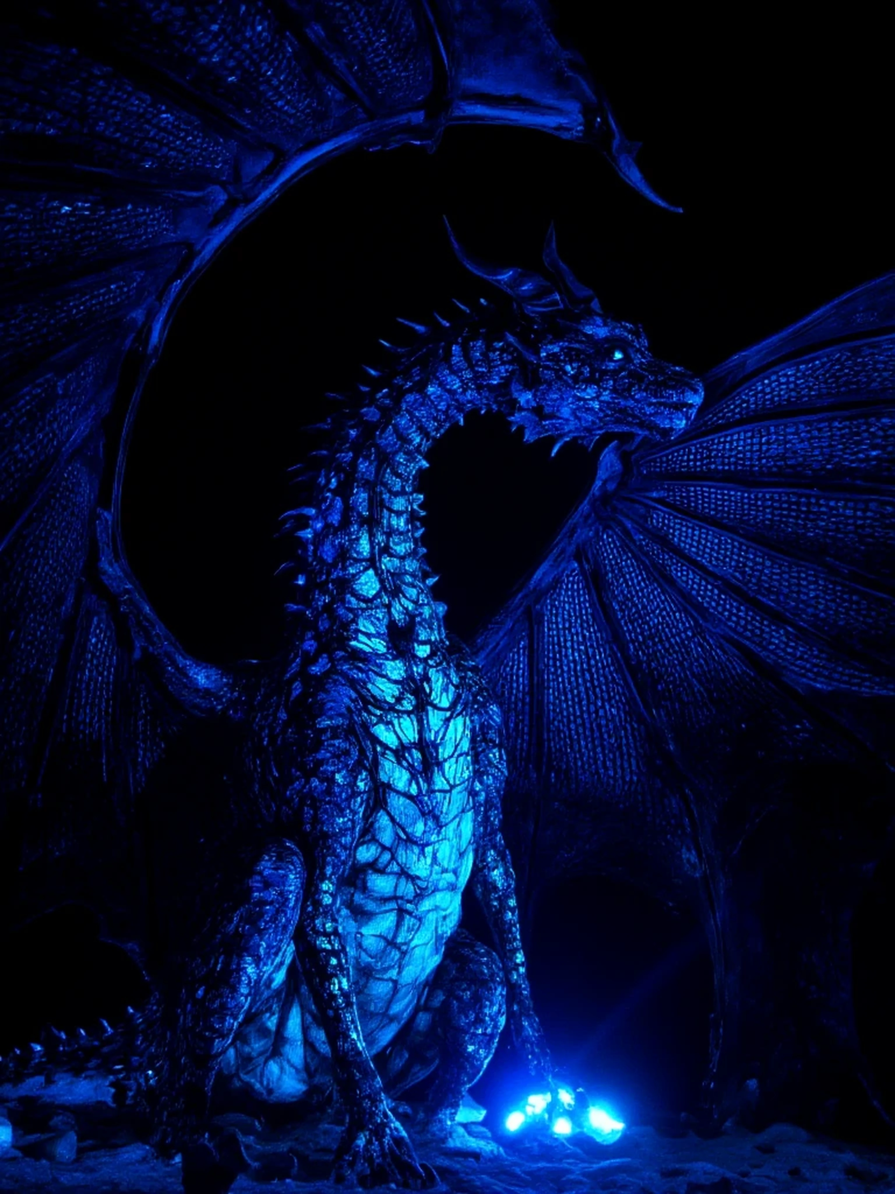 Huge black and deep dark blue Dragon, wings open, black bioluminescent body featuring neon-lit parts on its scales, Rotated view from bellow of dutch wide angle.