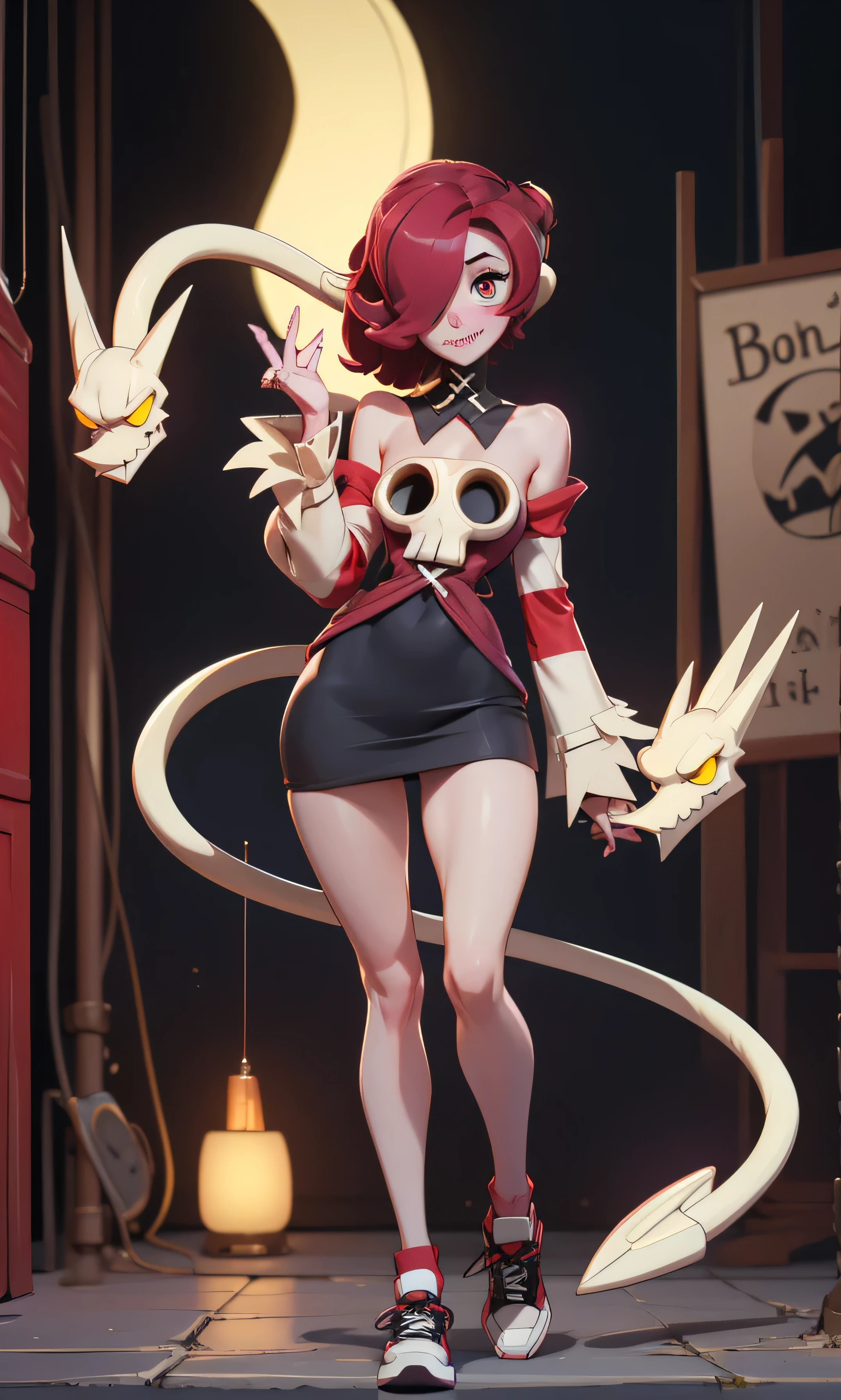 masterpiece,  great detail, a beautiful girl, squigly, skullgirls, red hair, hair over one eye, a blue eye, dos coletas, Bangs, blush, Sewing on the mouth,  smile, full body, thin and tall, skinny, medium breasts, white skin, mini fold,  black shoes, pose sexy,  nice legs, Textured skin, 