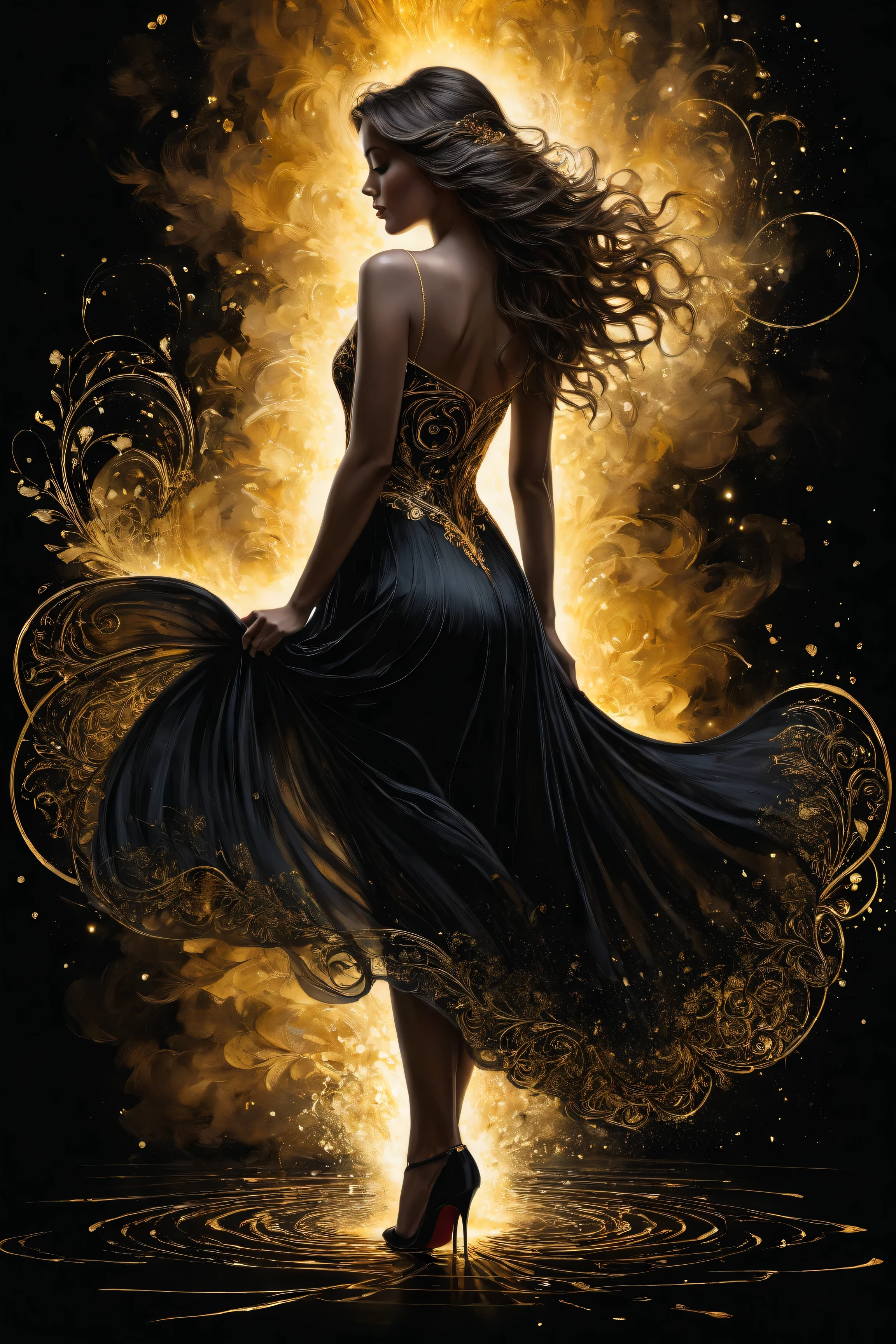 poster, full body,  Shadow art , red outline drawing on a dark  black background,  red light from behind ,  red contour silhouette ,  flowing hair , "(Beautiful silhouette (young) ),  perfect physique ,  slender graceful shapes ,  charming modesty  , ( shy) perfection in  [Stylish]  fitted black silk dress,  8k resolution, full body"  side view, shadows,  mysterious , Jean Baptiste Monge style, thomas kinkade, David Palumbo,  Carne Griffiths .
gold patterns, golden and black spirit, liquid gold explosion, golden smoke of magic ,  stardust ,  golden milky road ,  black background, magic fog,  alcohol ink ,