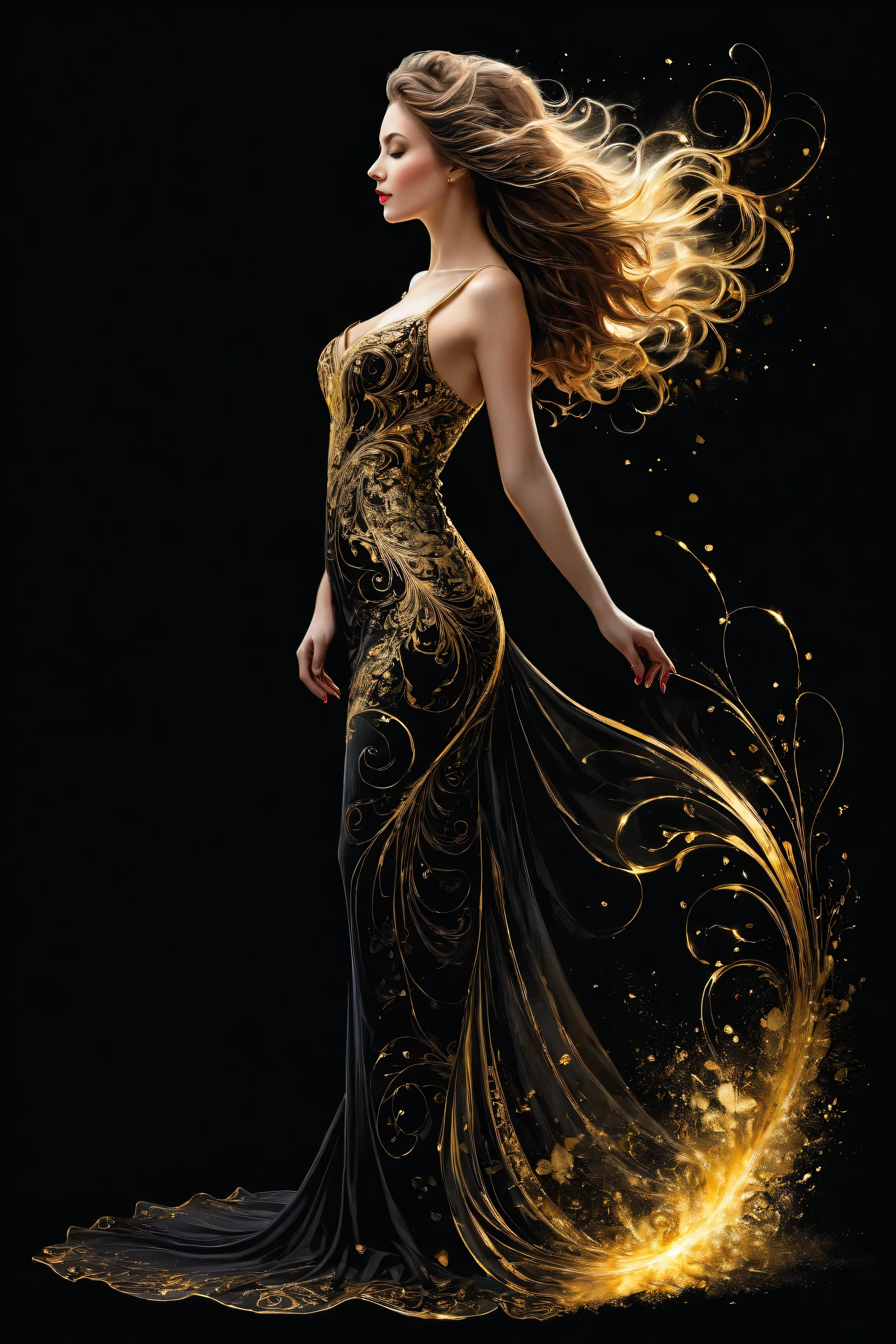 poster, full body,  Shadow art , red outline drawing on a dark  black background,  red light from behind ,  red contour silhouette ,  flowing hair , "(Beautiful silhouette (young) ),  perfect physique ,  slender graceful shapes ,  charming modesty  , ( shy) perfection in  [Stylish]  fitted black silk dress,  8k resolution, full body"  side view, shadows,  mysterious , Jean Baptiste Monge style, thomas kinkade, David Palumbo,  Carne Griffiths .
gold patterns, golden and black spirit, liquid gold explosion, golden smoke of magic ,  stardust ,  golden milky road ,  black background, magic fog,  alcohol ink ,