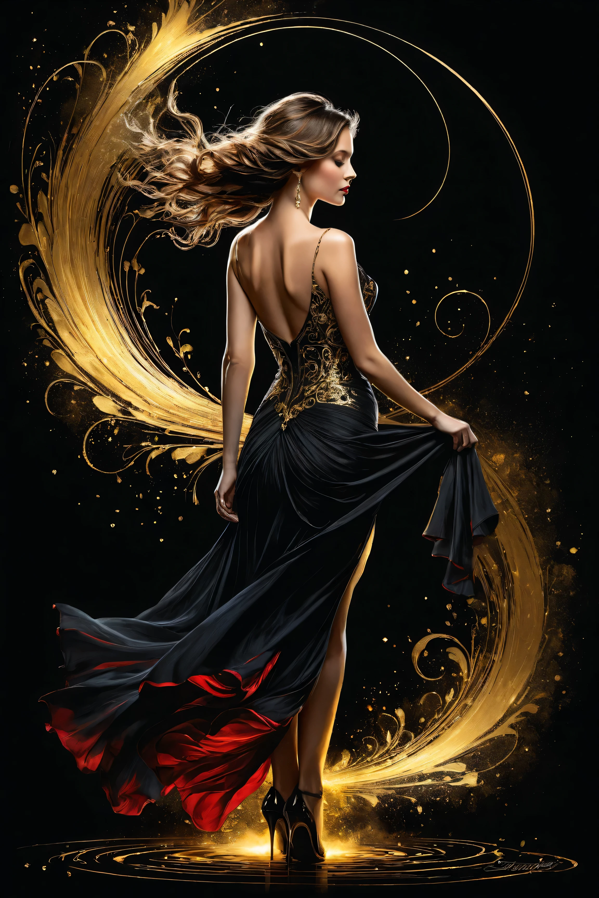 poster, full body,  Shadow art , red outline drawing on a dark  black background,  red light from behind ,  red contour silhouette ,  flowing hair , "(Beautiful silhouette (young) ),  perfect physique ,  slender graceful shapes ,  charming modesty  , ( shy) perfection in  [Stylish]  fitted black silk dress,  8k resolution, full body"  side view, shadows,  mysterious , Jean Baptiste Monge style, thomas kinkade, David Palumbo,  Carne Griffiths .
gold patterns, golden and black spirit, liquid gold explosion, golden smoke of magic ,  stardust ,  golden milky road ,  black background, magic fog,  alcohol ink ,