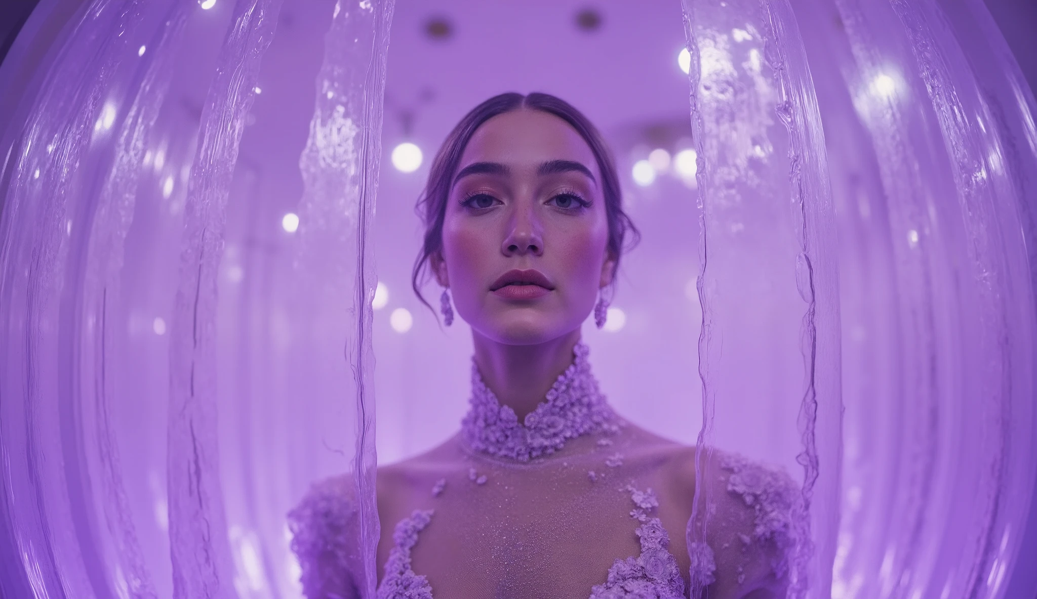 Fisheye in the foreground. Beige aesthetic blur, long exposure lights in violet. Wavy glass on the front. Behind a transparent undulating wall. This image has an avant-garde air, mixing haute couture elements. The beautiful Italian model is behind a transparent wall. Behind a transparent undulating wall.  Analog feeling . until. masterpiece.