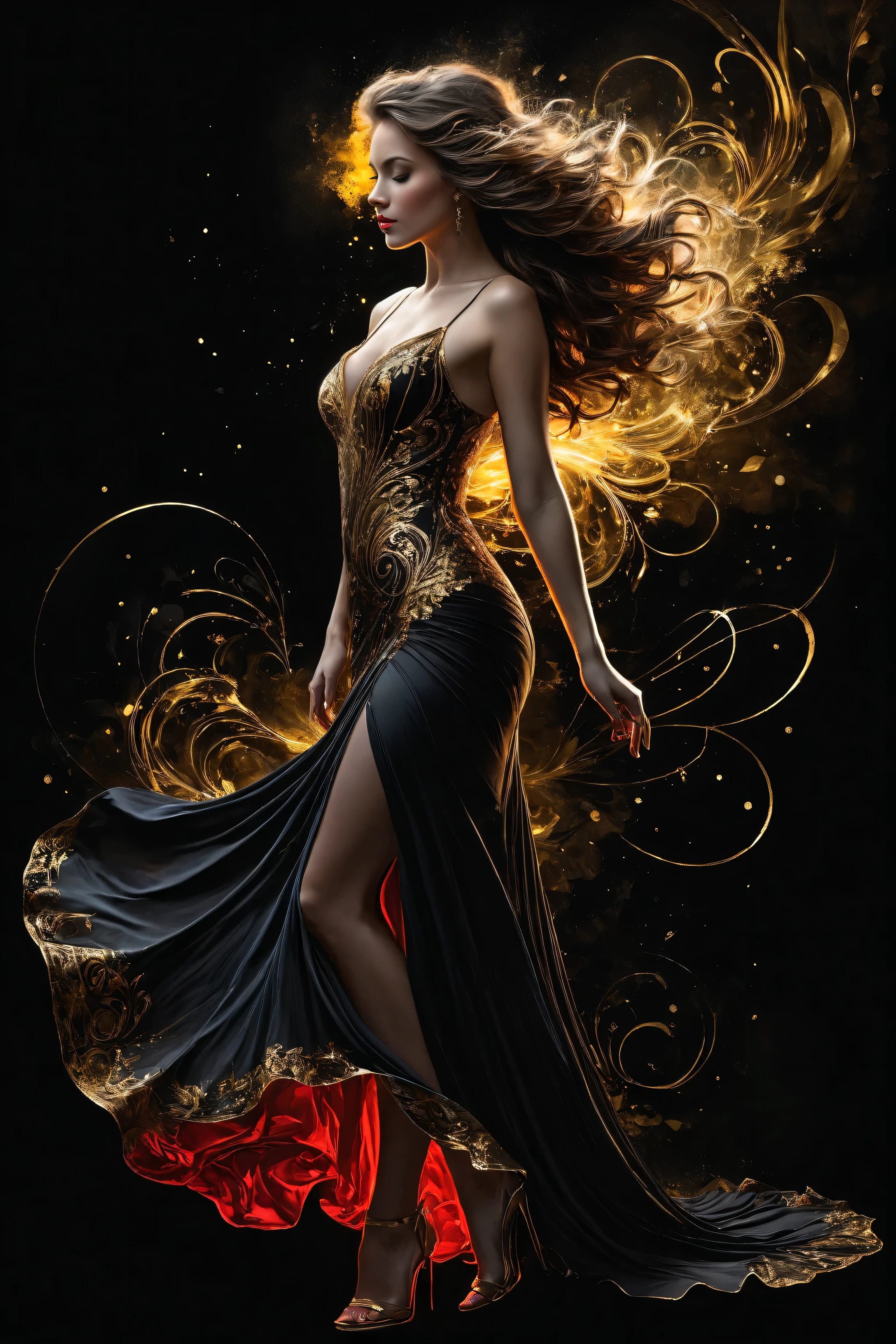 poster, full body,  Shadow art , red outline drawing on a dark  black background,  red light from behind ,  red contour silhouette ,  flowing hair , "(Beautiful silhouette (young) ),  perfect physique ,  slender graceful shapes ,  charming modesty  , ( shy) perfection in  [Stylish]  fitted black silk dress,  8k resolution, full body"  side view, shadows,  mysterious , Jean Baptiste Monge style, thomas kinkade, David Palumbo,  Carne Griffiths .
gold patterns, golden and black spirit, liquid gold explosion, golden smoke of magic ,  stardust ,  golden milky road ,  black background, magic fog,  alcohol ink ,