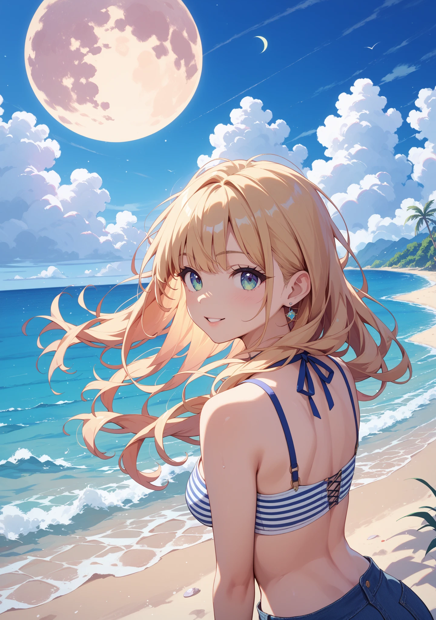 masterpiece, best quality, ultra-detailed, anime style, night, moon, Starry sky, a little girl, child, solo, micro-bikini, beautiful blond hair, beautiful black eyes, beautiful eyes0, cool