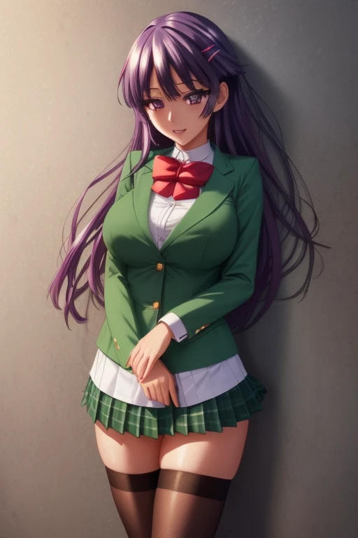 ((Better quality)), ((masterpiece)), ((perfect composition)):1.5, ((perfect anatomy)):1.5, illustration, High resolution, Perfect lighting, dynamic angle, (((clean and clean))), absurdities, (((clean and clean))), uncreditable absurdities, 1 girl, single, standing, chizuruchankaihatsunikki, Matured, sexy, spread pussy, orgasm, full body, purple hair, by the wide, Hair Clip, ojos morados, school uniform, Green pleated skirt, Red choker, without panties, transparent:1.1, ((zettai ryouiki)), pussy, huge breasts, playing, Female domination, Open mouth, happy, smile, charming expressionless, happiness, safe, enjoying, (Detailed description of the face), (Detailed description of the eyes.), lying, seductive, Advanced CG, amazing quality, octane representation.