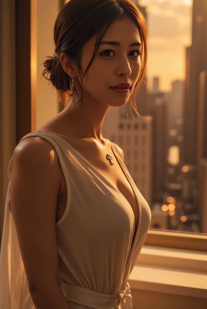A solitary figure gazing out at a cityscape from a penthouse window, their posture radiating confidence and superiority, soft light, high contrast, hyperrealism, muted colors, (detailed textures, sharp focus, sophisticated ambiance).