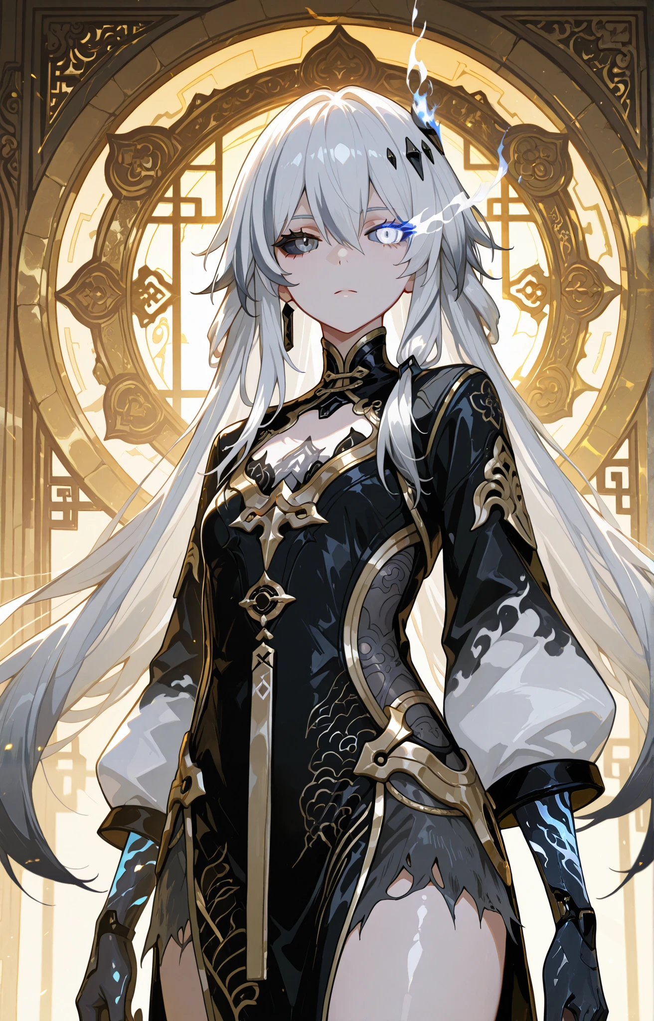 Anime illustration, dark cathedral, backlighting, backlit, golden light,, colorful, light reflection, solo, 1girl, cowboy shot, detailed skin, extremely detailed eyes, dynamic pose, , HuaHoS, grey hair, streaked hair, long hair, white hair, gradient hair, blue eyes, white eyes, gray eyes, Punishing Gray raven Luci, frayed hair long hair, white hair, gradient hair, hair ornament, heterochromia, 748cmstyle, black sclera, black flaming eyes, flaming eyes, 748cmstyle, chinese clothes, black dress, gold trim