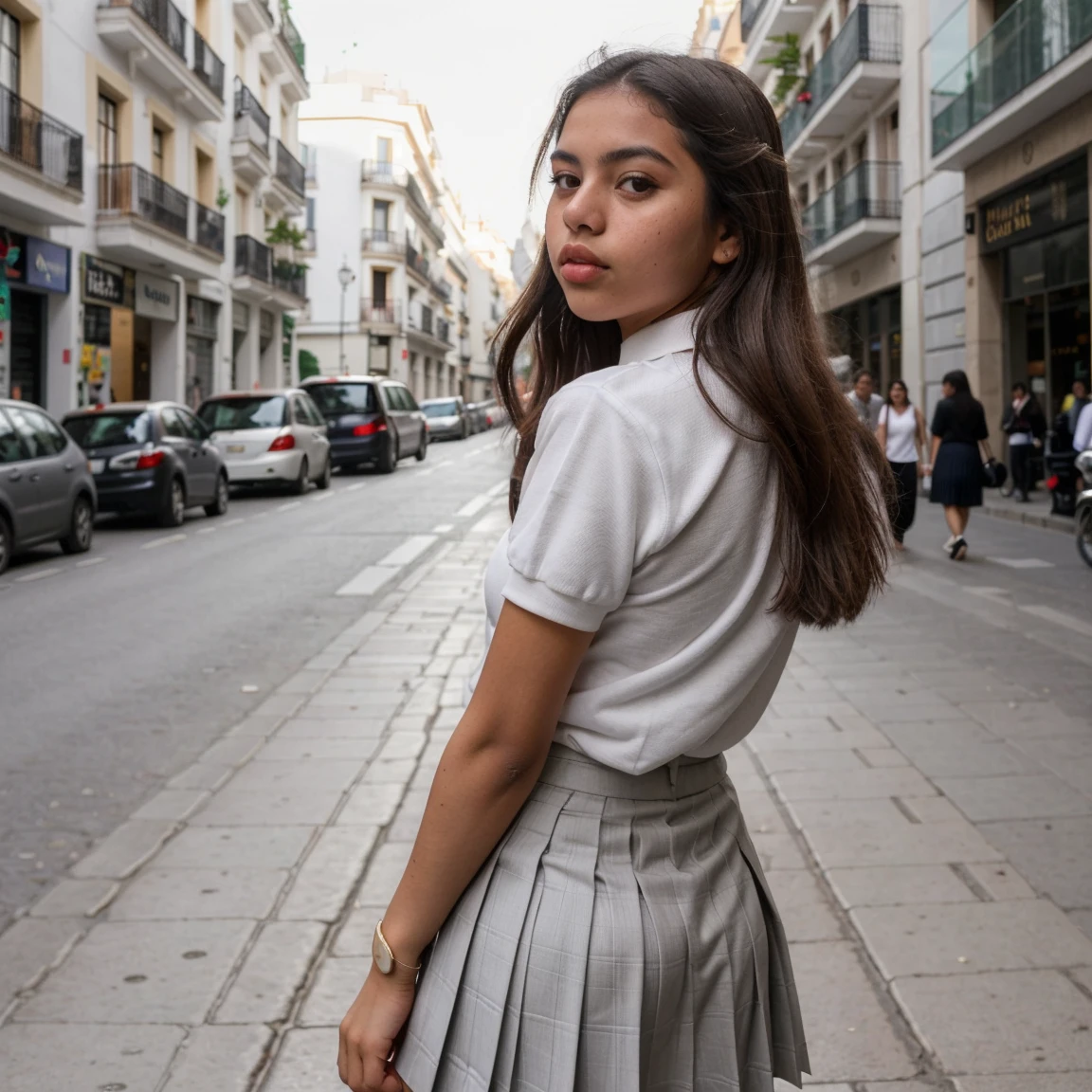 Ultra Realistic photo of a Spanish girl isabella, 12 years old, who dreams about her future in spain and at the same time fear and sadness, wearing a red and black schoolgirl’s uniform, full body view in old Spanish courtyard, Spanish flags in background, rapier in right hand, national symbol badge on red blouse.