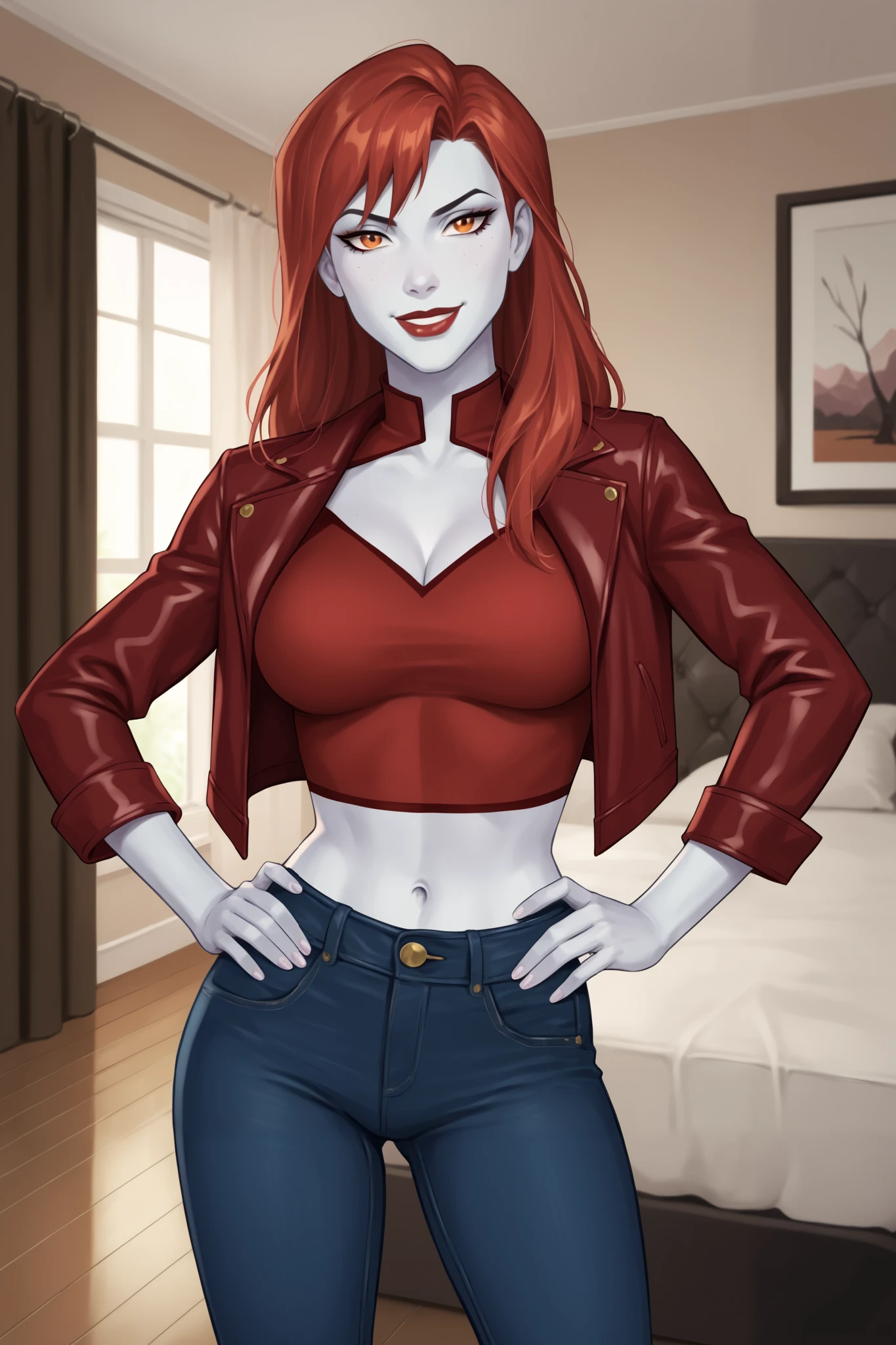PonyXLV6_Scores BREAK (perfect anatomy, perfect eyes), BREAK mgann morzz, long hair, red hair, colored skin, frost white skin, orange eyes, makeup, dark red lipstick, ((looking at viewer)), superhero, red crop top, red leather jacket, red jeans, curvy, athletic, large breasts, indoors, smile, bedroom, confident expression, open jacket, long sleeve, hands on hips, raised eyebrow, seductive pose 