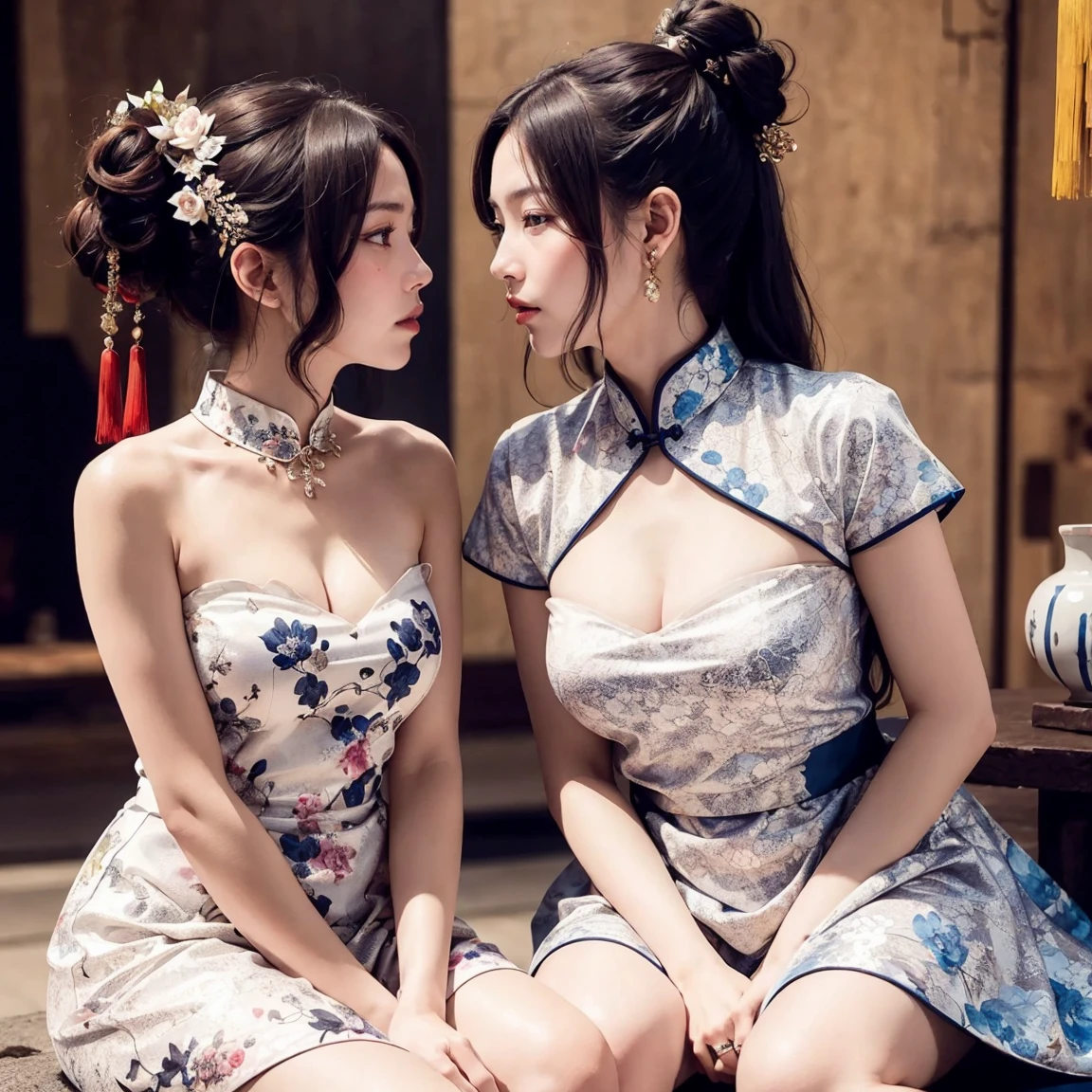 bedroom,big bed,There are paintings on the walls,curtain,Standing,2 girls,upper-body,((face to face)),((Their chests were squeezed together and deformed)),bun,Shy smile,((The hemp rope is wrapped around the neck and tightened)),Short cheongsam,((huge boobs:1.4)),arms were tied behind the back with hemp rope,Cross hands behind back,Wrists tied together with hemp rope,Thin waist,